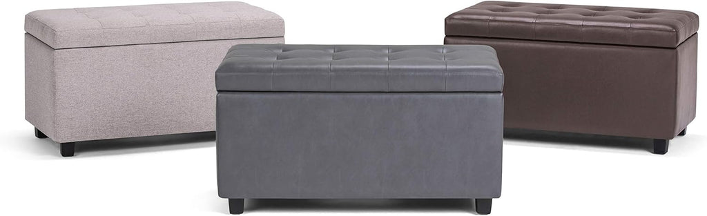 SIMPLIHOME Cosmopolitan Storage Ottoman - 34 inch Wide Upholstered Vegan Leather Rectangle Storage Ottoman Bench in Chocolate Brown, Transitional Tufted Ottoman for Living Room with Lift-Up Lid