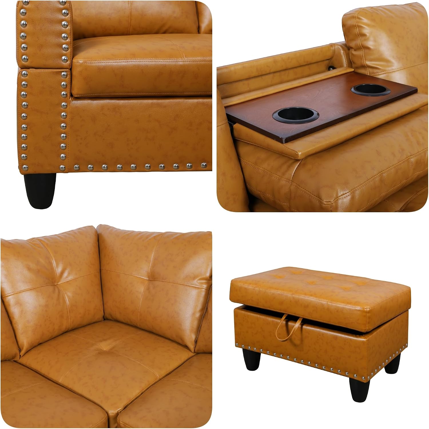 Sectional Couches for Living Room with Movable Chaise & Storage Ottoman - 97.5' Leather L Shaped Couches for Living Room Apartment, Home Modular Sectional Sofas with Cup Holder, Ginger
