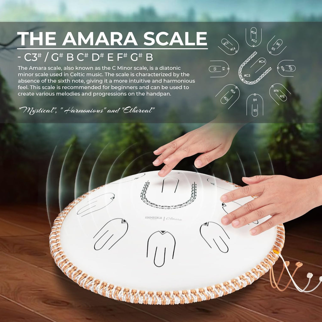 MOOZICA Steel Tongue Drum, 14' Portable Amara Scale Handpan With Octave Overtone Design, For Beginner and Professional (Amara, White)