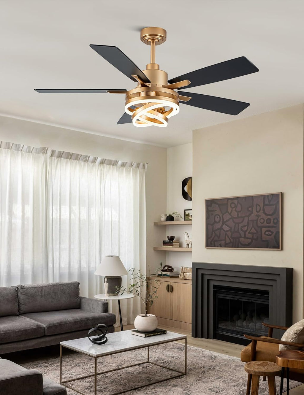Dawn Whisper 52' Gold Ceilling Fans with Lights Modern Chandelier Fan Fandelier Ceiling Fan with Light for Bedroom, Living Room DC Motor Reversible Dimmable LED