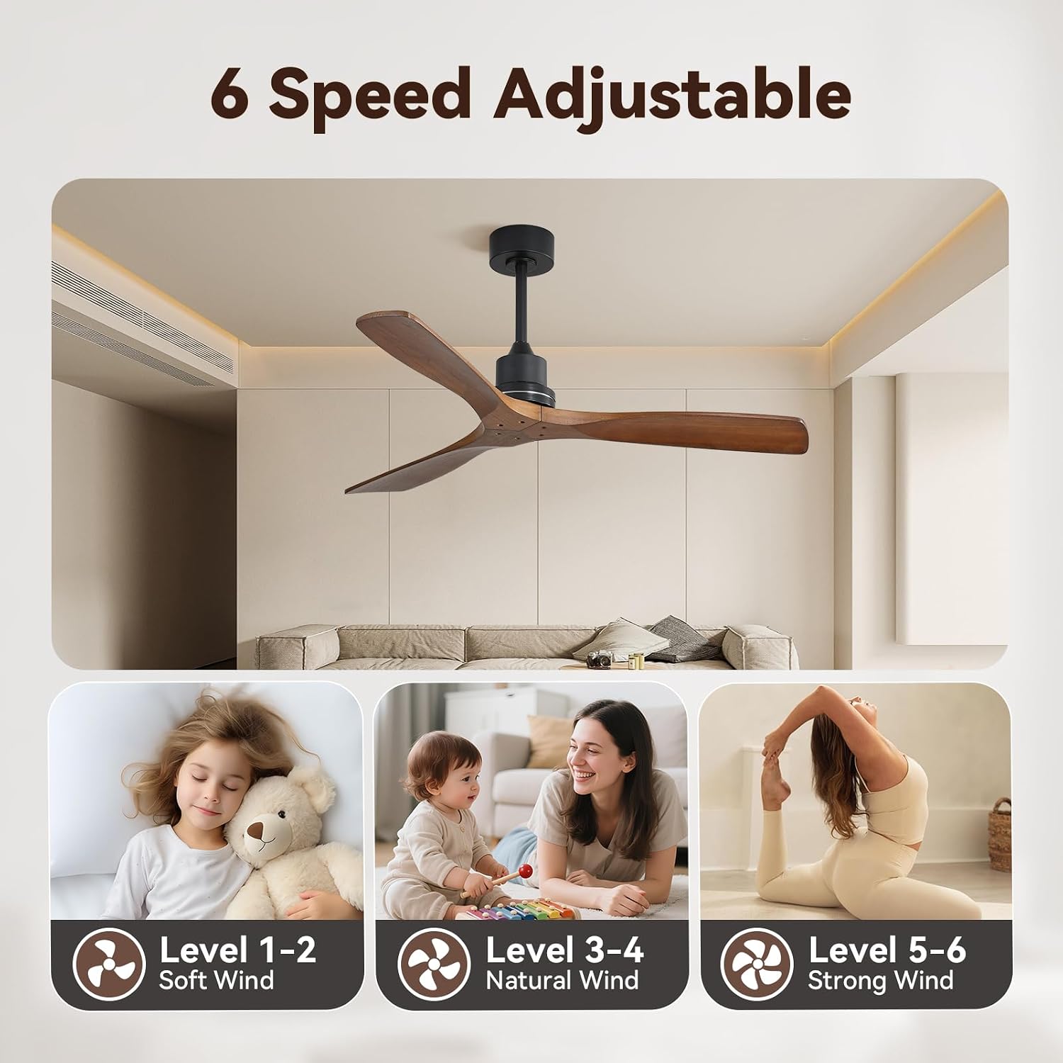 Sofucor Ceiling Fan no Lights, 52 Inch Low Profile Flush Mount Ceiling Fans with Remote, Modern Wood Ceiling Fan for Bedroom Indoor Outdoor, 6-Speed Reversible DC Motor Dimmable Timer