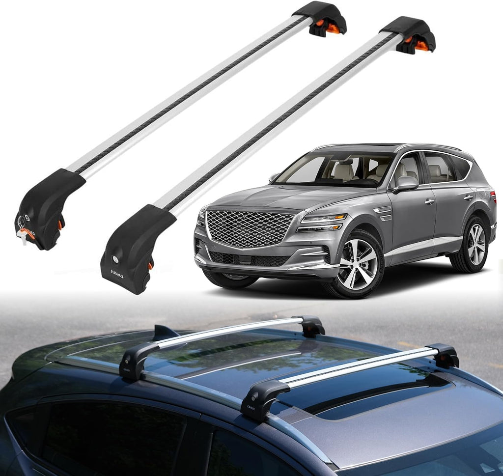 ERKUL Heavy Duty Roof Rack Cross Bars for Genesis GV80 2021-2025 | Upgraded Aero Aluminum Crossbars with Smart Clamp System | Compatible with Flush Rails - Silver
