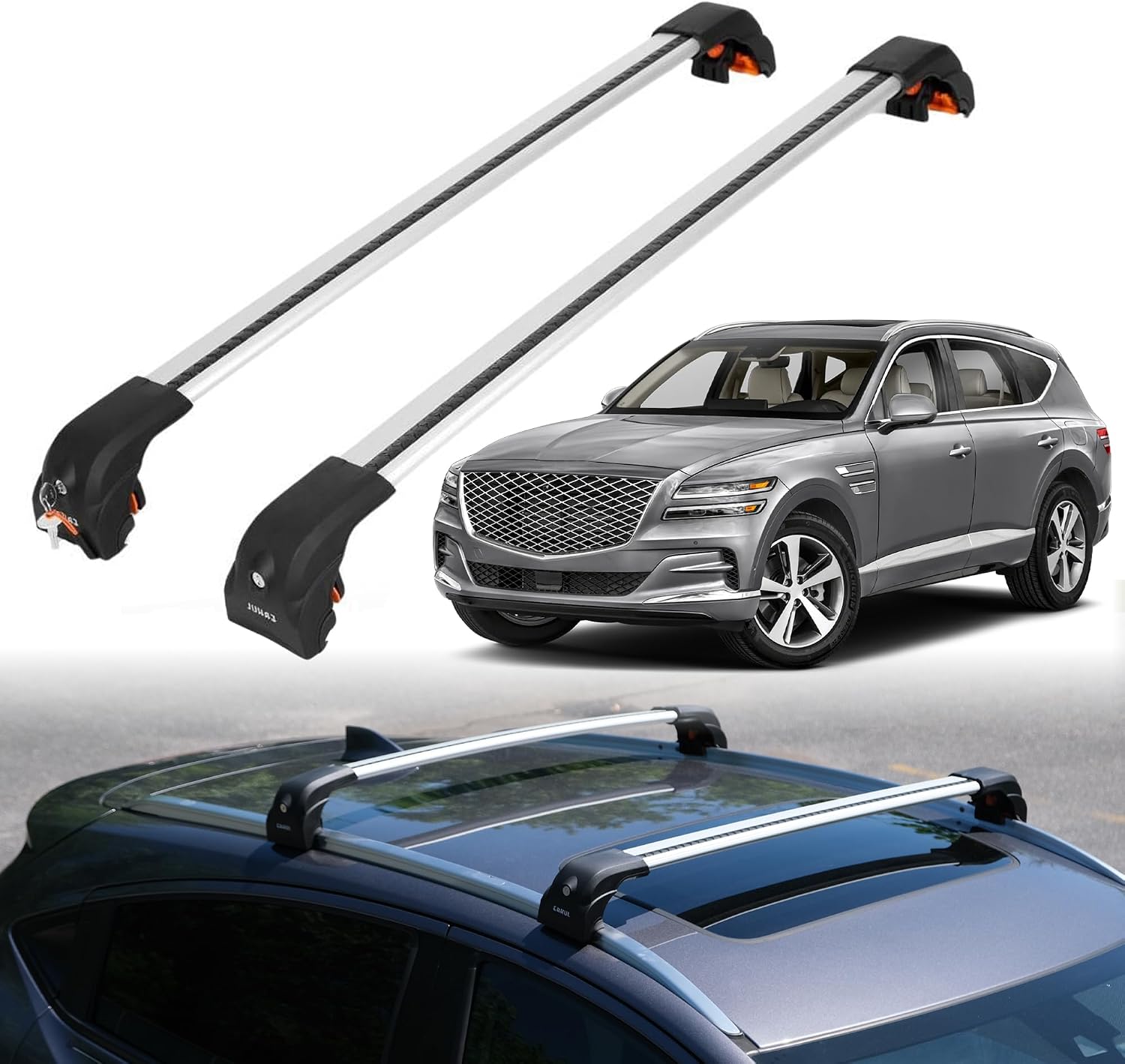 ERKUL Heavy Duty Roof Rack Cross Bars for Genesis GV80 2021-2025 | Upgraded Aero Aluminum Crossbars with Smart Clamp System | Compatible with Flush Rails - Silver