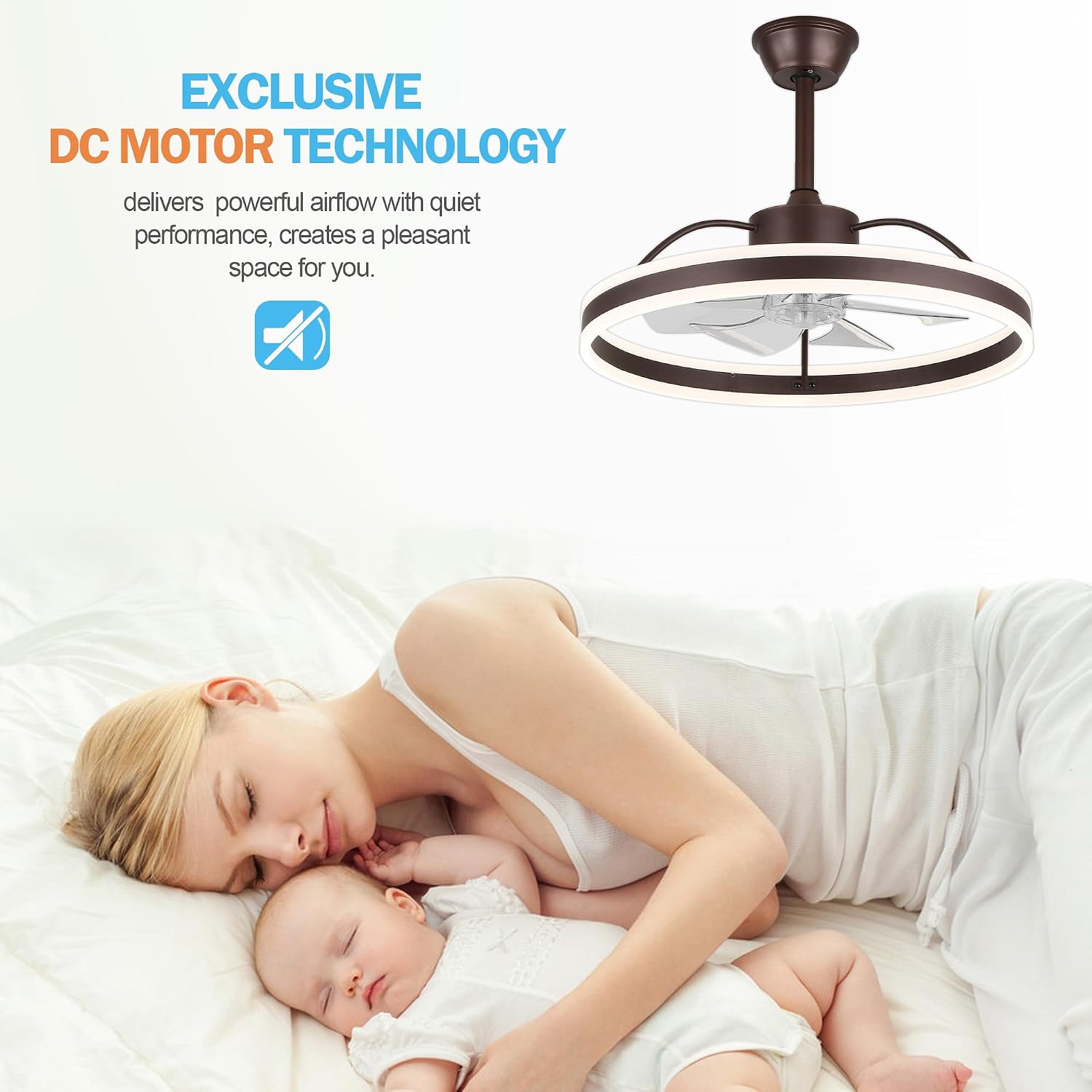 Dawn Whisper Ceiling Fan With Lights, Modern 24' LED Fan, 6 Speeds, 3 Colors Stepless Dimming for Bedroom Coffee