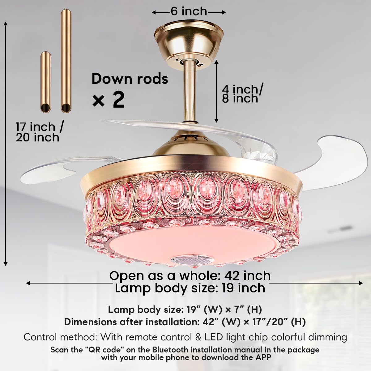 42' Crystal Fandelier Ceiling Fan with Light and Remote Bluetooth Speaker Modern Gold Chandelier Ceiling Fan Dimmable RGB Colors Retractable Blades for Dinning Room Bedroom