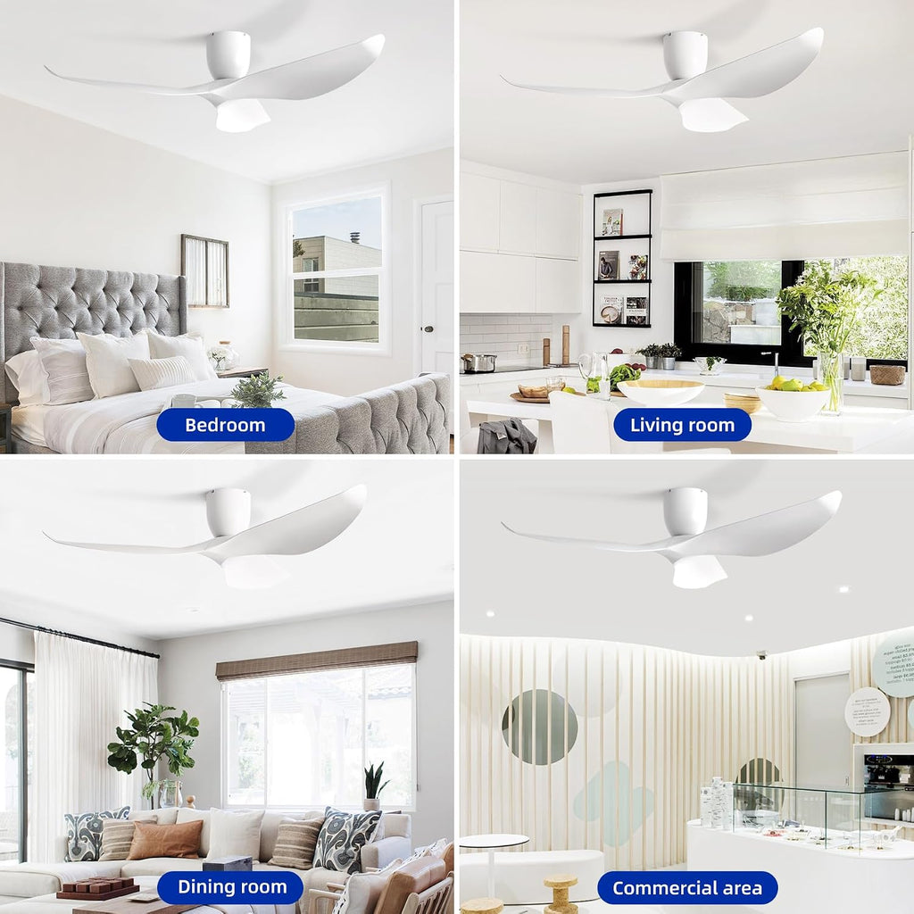 60' White Flush Mount Ceiling Fan with Remote, No Light | Modern Low-Profile, Heat Resistant ABS Blades, 6-Speed Reversible Quiet DC Motor for Balcony, Living Room, Bedroom