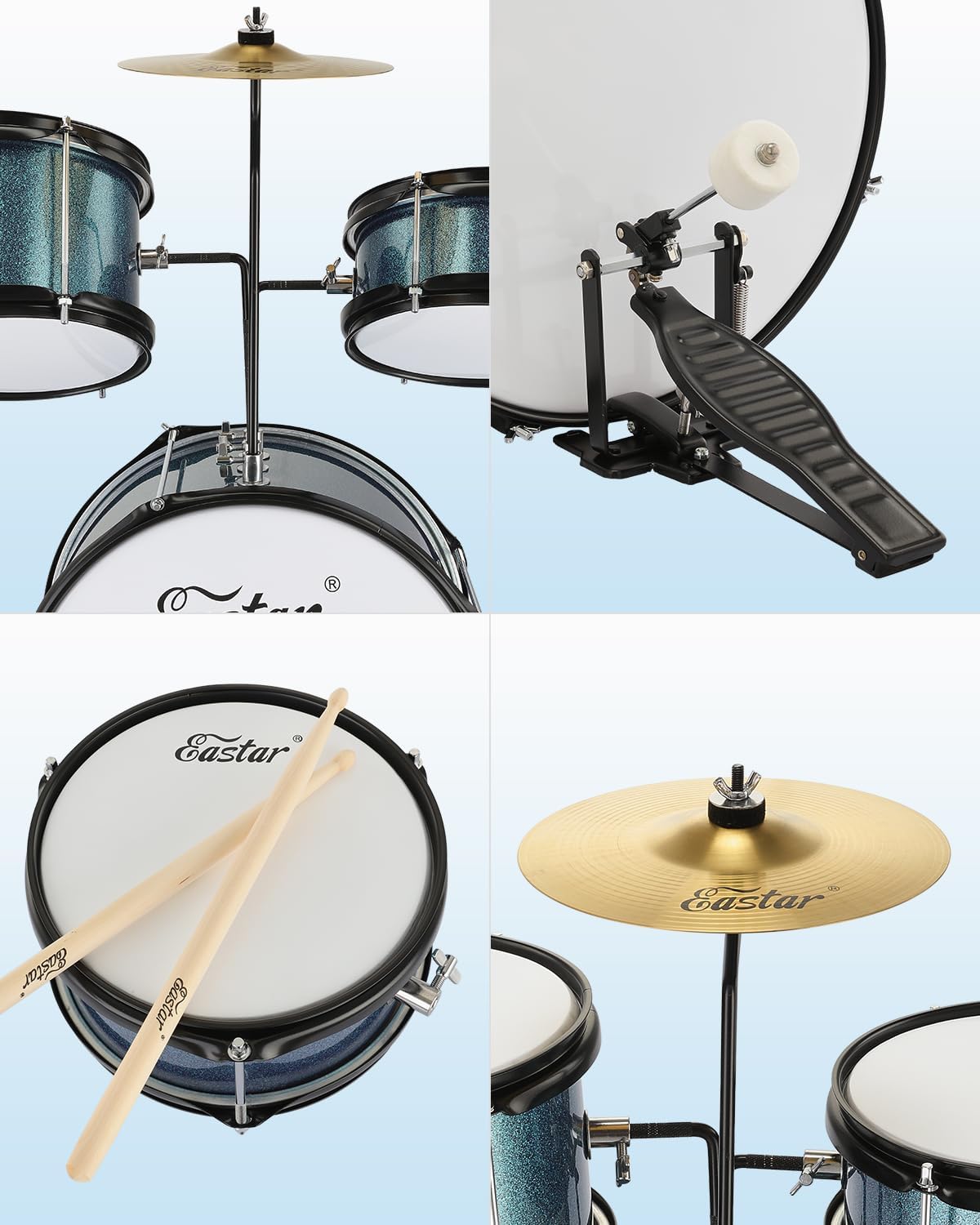 Kids Drum Set Eastar 3-Piece for Beginners, 14 inch Drum Kit with Adjustable Throne, Cymbal, Pedal & Two Pairs of Drumsticks, Junior Drum Set with Bass Tom Snare Drum, Metallic Sky Blue