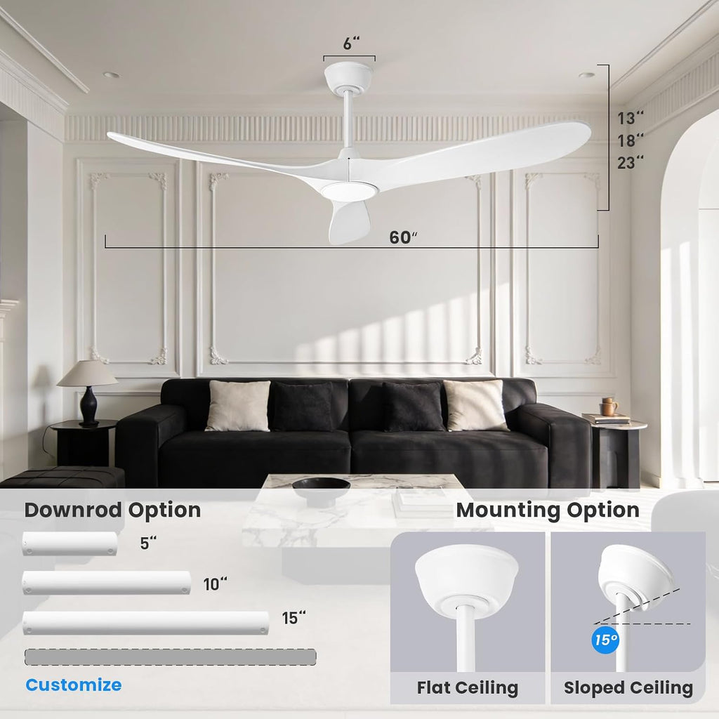 heimo 60 Inch White Ceiling Fan with Light and Remote, Wood Outdoor Ceiling Fans with Lights Dimmable for Bedroom Living Dining Room Patios Garage Gazebo Farmhouse Big Dc Reversible Fan