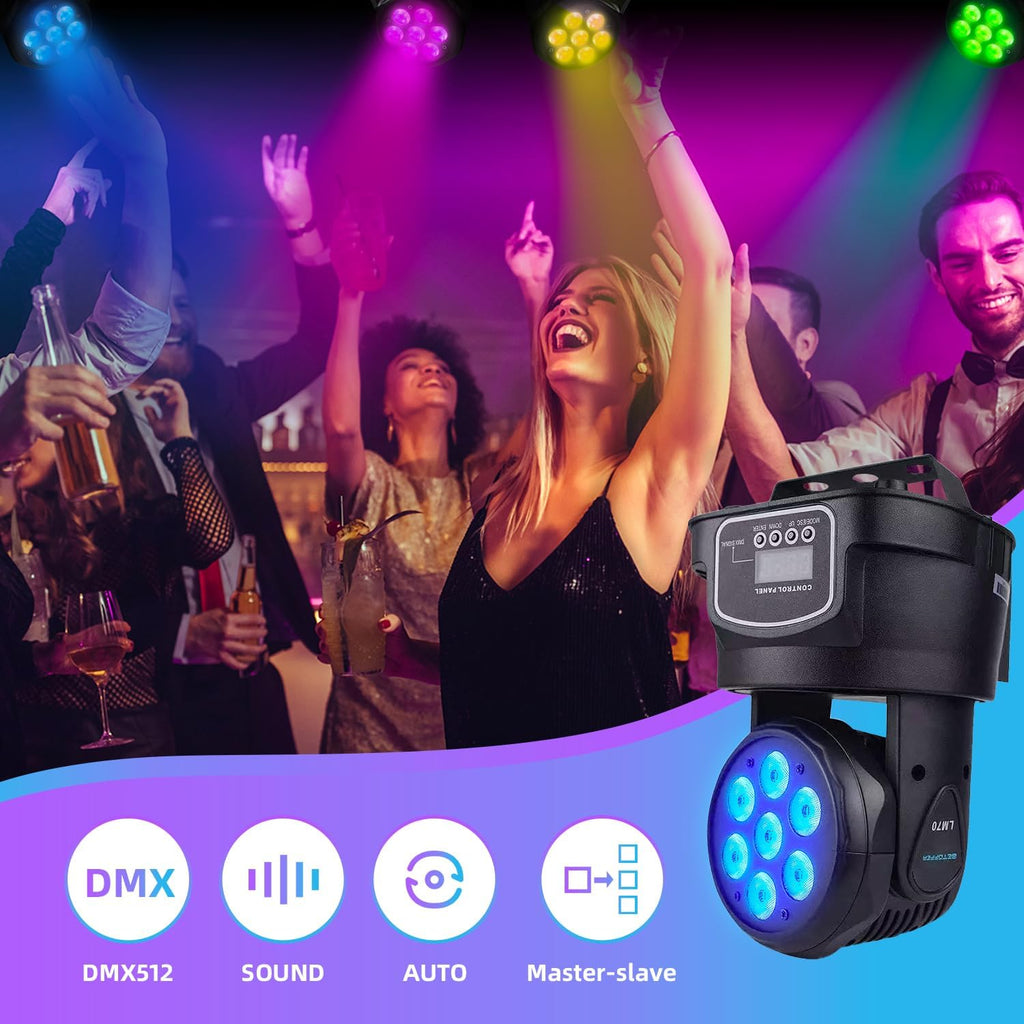 Moving Head Light 7x10W, RGBW Stage Lightin with Remote Control, DMX 512 Strobe, LED Beam Spotlight 9/14 CH, for DJ Disco Wedding Bar Christmas Halloween Party Church (2 Pack)