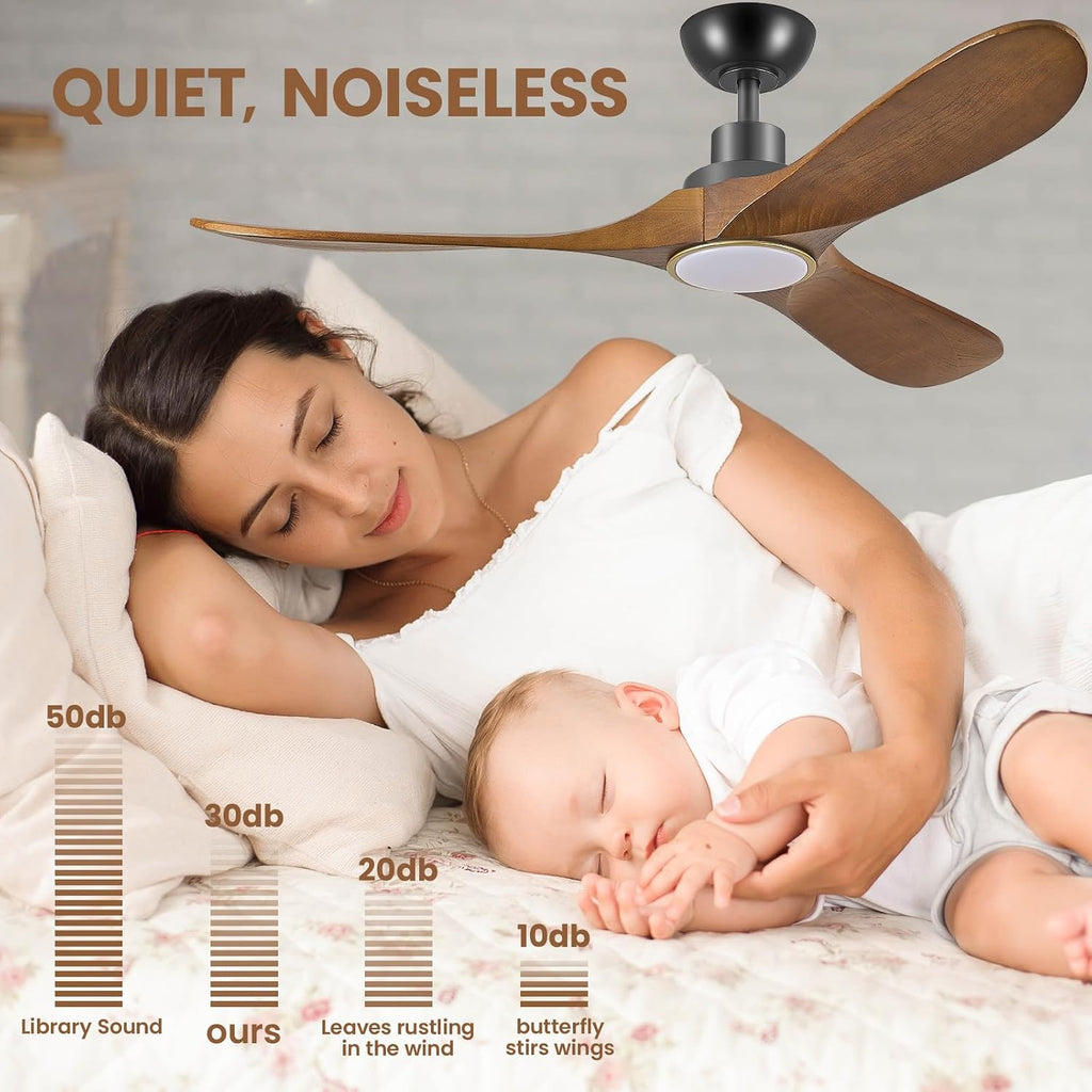 52 Inch Wood Ceiling Fans with Lights and Remote Control, Low Profile DC Motor Ceiling Fan with Light, Reversible 6 Speeds, 3CCT Dimmable LED, Noiseless Modern Fan for Bedroom Living Room Patio