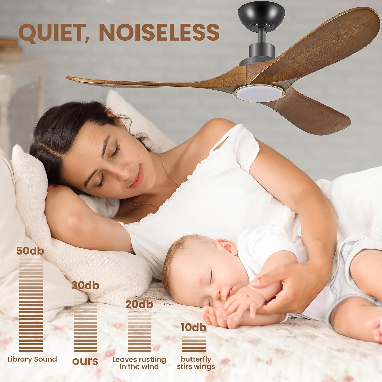 52 Inch Wood Ceiling Fans with Lights and Remote Control, Low Profile DC Motor Ceiling Fan with Light, Reversible 6 Speeds, 3CCT Dimmable LED, Noiseless Modern Fan for Bedroom Living Room Patio