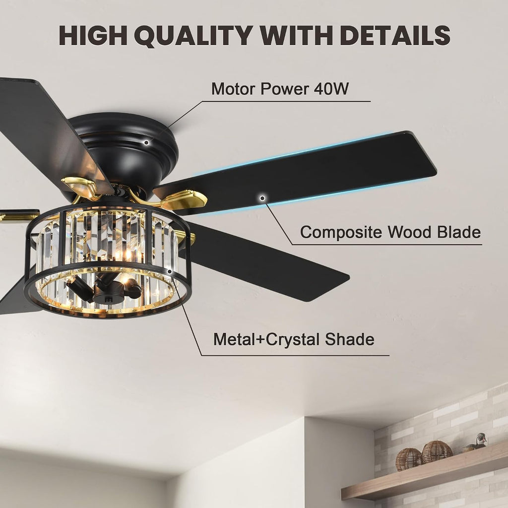 Dawn Whisper 52' Modern Crystal Flush Mount Ceiling Fans with Lights Black | Crystal Chandelier, Low Profile Low Ceilings, Remote Control, Reversible, Noiseless, 6 Speeds, for Living Room Bedroom