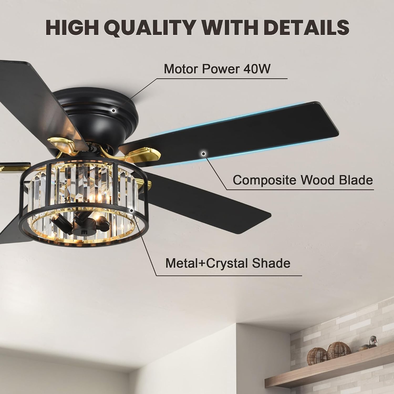 Dawn Whisper 52' Modern Crystal Flush Mount Ceiling Fans with Lights Black | Crystal Chandelier, Low Profile Low Ceilings, Remote Control, Reversible, Noiseless, 6 Speeds, for Living Room Bedroom