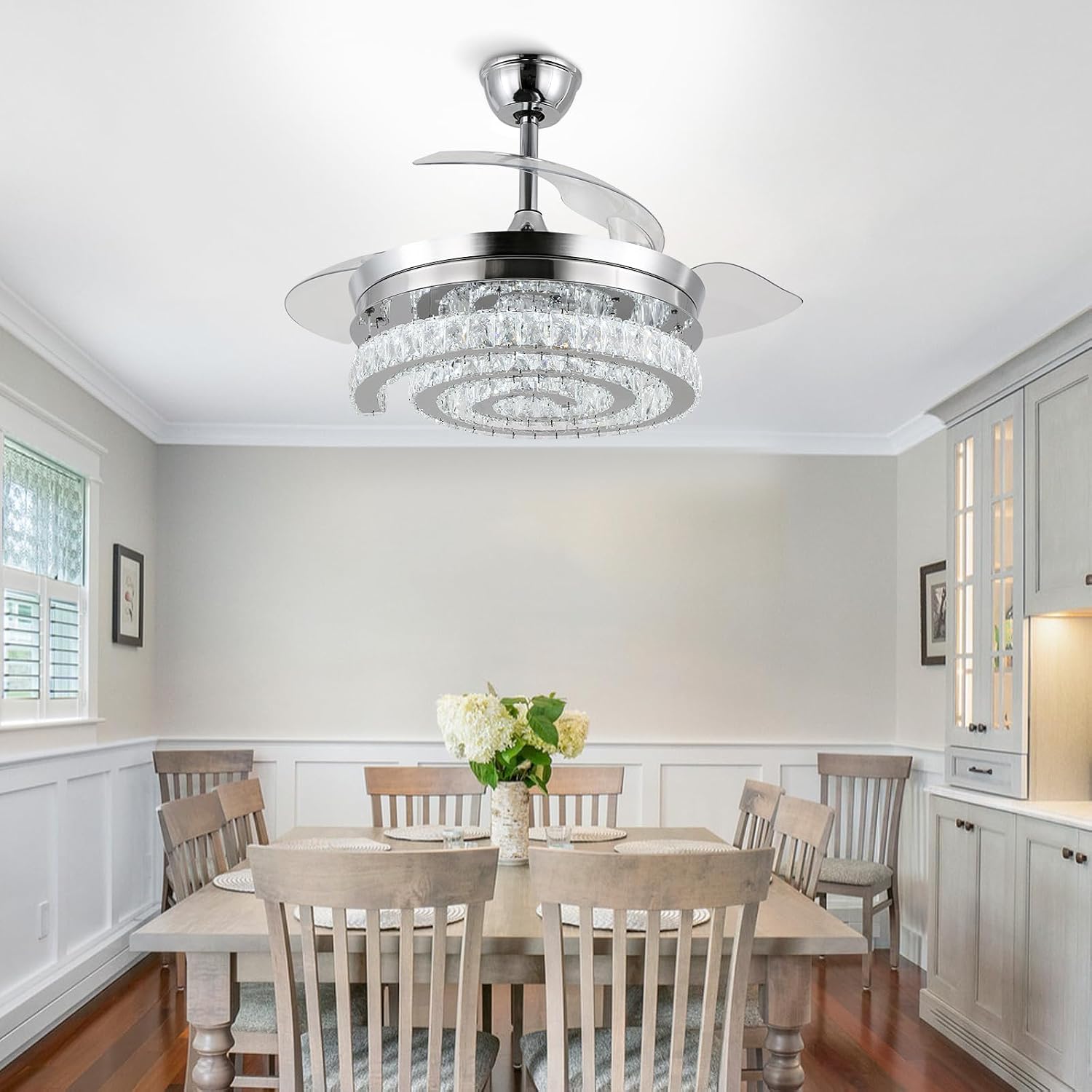 FRIXCHUR 42' Crystal Chandelier Ceiling Fans with Lights and Remote Dimmable Fandelier Retractable Crystal Ceiling Fans 3 Rings Invisible Blades Crystal Ceiling Fans for Bedroom Living Room 30W*2