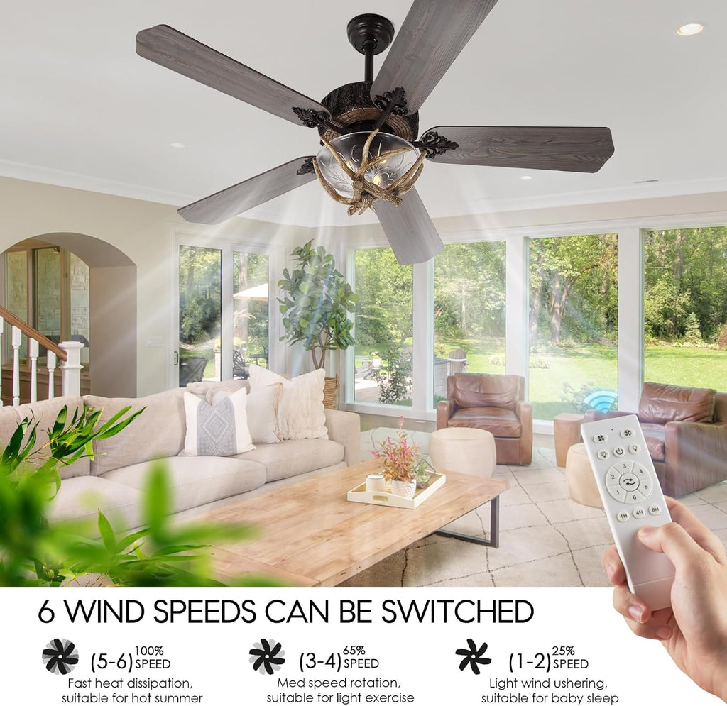 Antler Rustic Ceiling Fan with Lights and Remote, Antlers Chandelier Ceiling Fan Light, Indoor Electrical Fan with 5 Wood Blades for Hunting, Farmhouse, Bedroom Living Room(46 Inch)