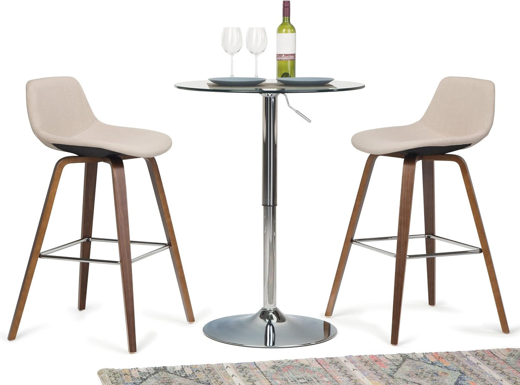 SIMPLIHOME Randolph Counter Stools (Set of 2) - 28 Inch Seat Height Upholstered Bentwood Bar Stools in Natural Linen Look Fabric, Mid Century Modern Seating with Curved Backrest and Chrome Footrest