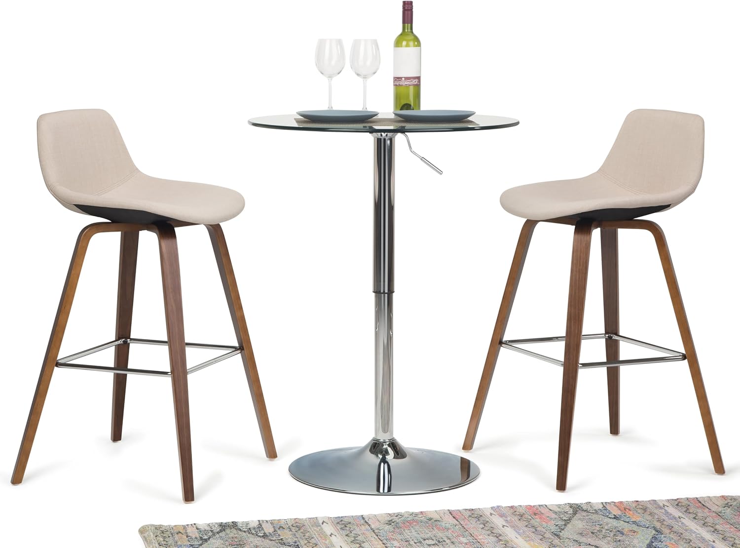 SIMPLIHOME Randolph Counter Stools (Set of 2) - 28 Inch Seat Height Upholstered Bentwood Bar Stools in Natural Linen Look Fabric, Mid Century Modern Seating with Curved Backrest and Chrome Footrest