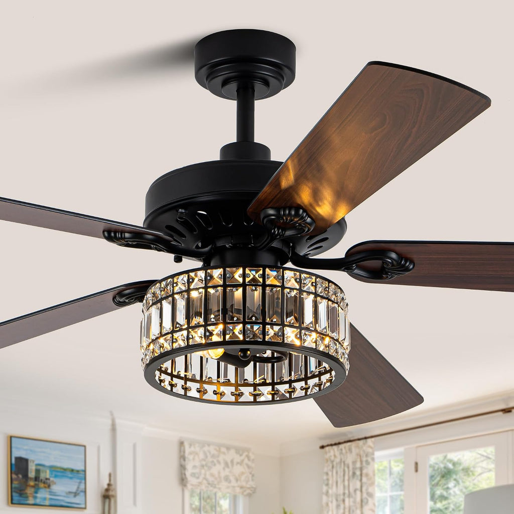 Dawn Whisper 52 Inch Black Crystal Chandelier Ceiling Fans with Lights Modern Farmhouse Vintage Ceiling Fans for Living Room Bedroom Quiet Reversible DC Motor 6 Speeds 3*E26 Light Bulbs Base