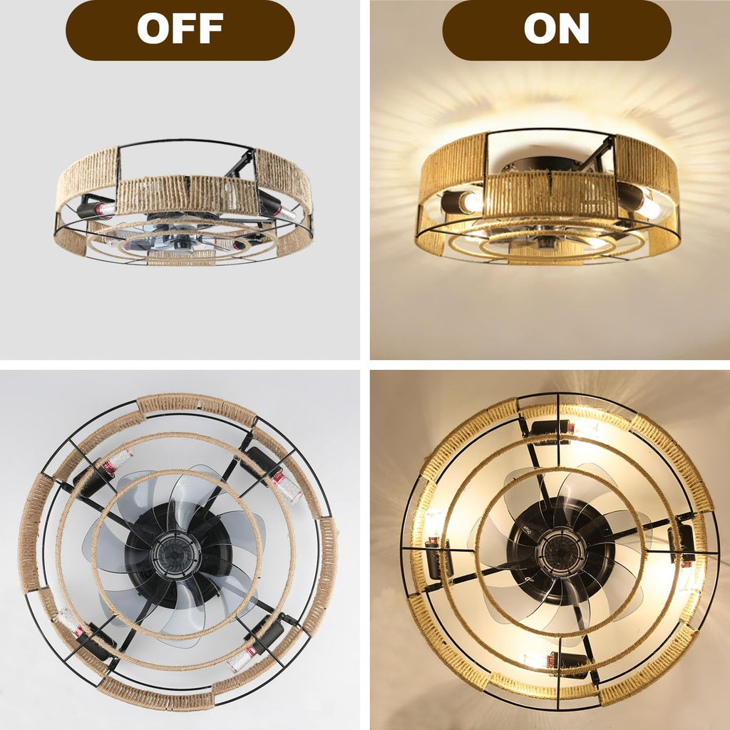 Ceiling Fans with Lights Flush Mount, 20 Inch Caged Low Profile Ceiling Fans with 3 Mode Lighting and Remote Control with E26 Bulbs for Bedroom, Nursery, Garage (Dark Yellow)