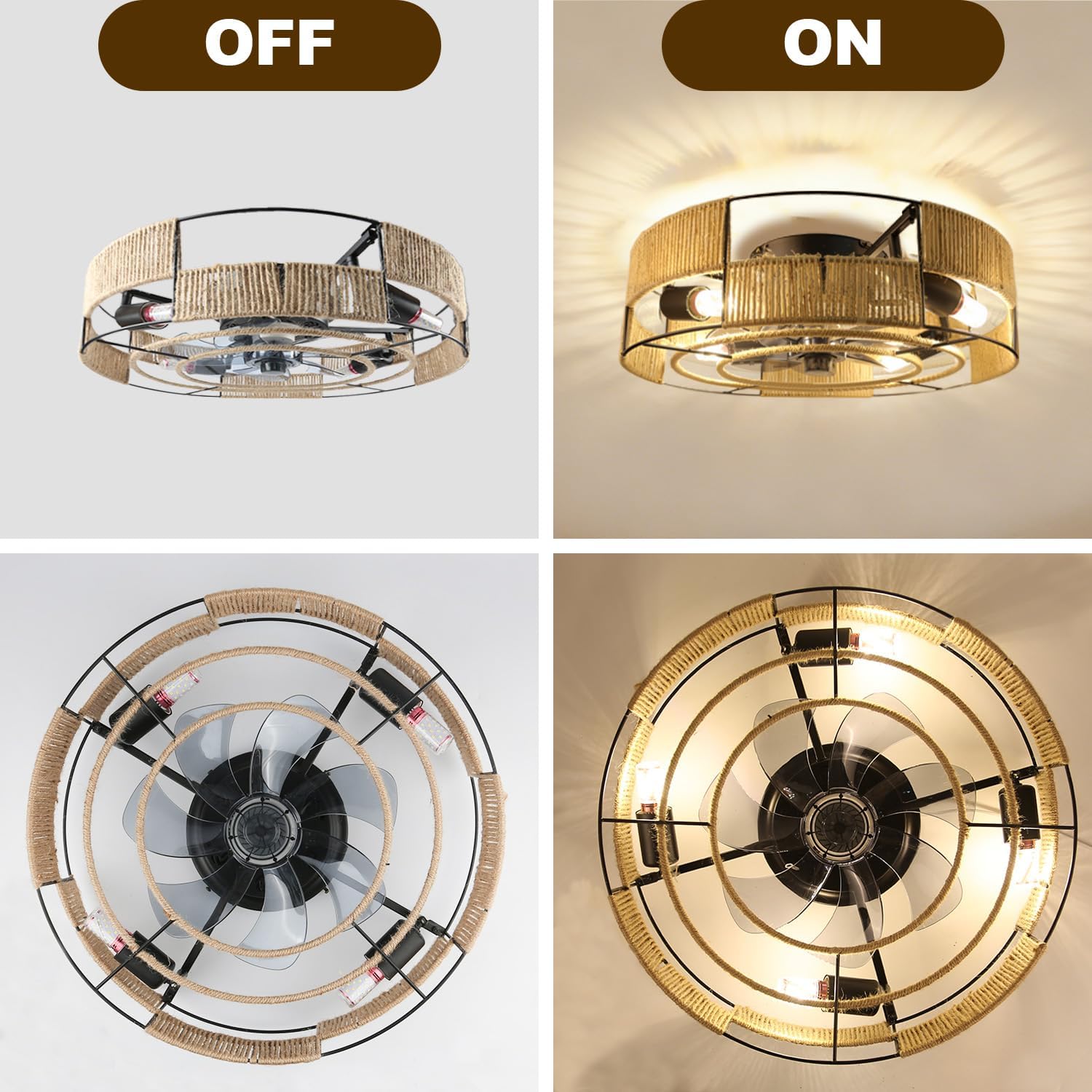 Ceiling Fans with Lights Flush Mount, 20 Inch Caged Low Profile Ceiling Fans with 3 Mode Lighting and Remote Control with E26 Bulbs for Bedroom, Nursery, Garage (Dark Yellow)