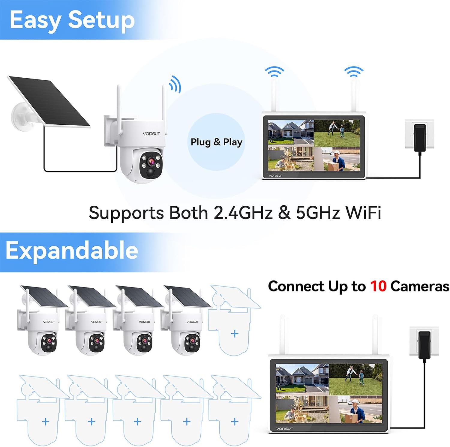 Solar Security Cameras Wireless Outdoor with 10'' Monitor, 4pcs 2K Solar Powered Camera System, 360° PTZ, Color Night Vision,Human Detection,10CH NVR with 500GB HDD,2.4G/5G WiFi,No Monthly Fee