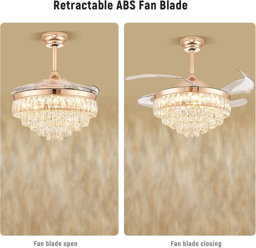 CLAIRDAI 42'' Crystal Fandelier Ceiling Fan with Lights, Dimmable LED Fan with Retractable Blades, Remote, 6-Speed Reversible, Semi Flush Mount for Bedroom Dining Room
