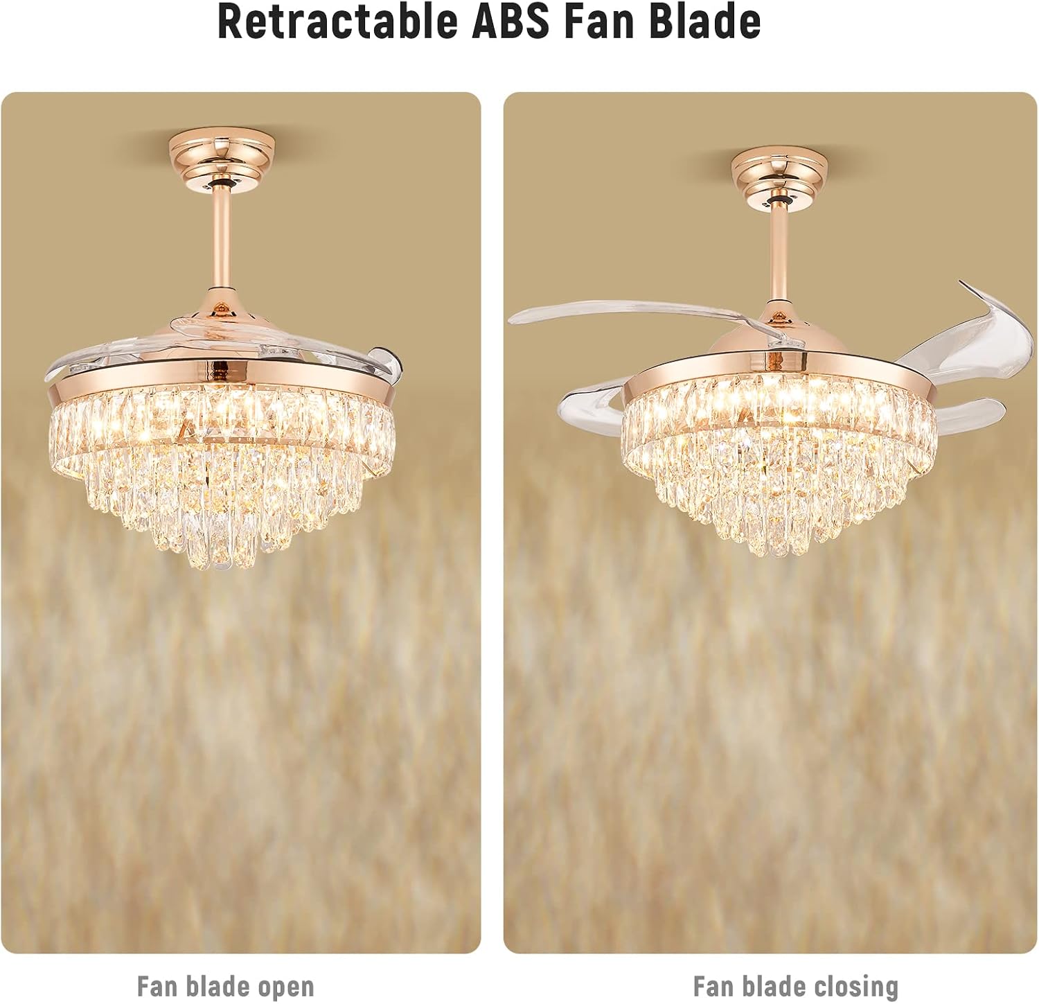 CLAIRDAI 42'' Crystal Fandelier Ceiling Fan with Lights, Dimmable LED Fan with Retractable Blades, Remote, 6-Speed Reversible, Semi Flush Mount for Bedroom Dining Room
