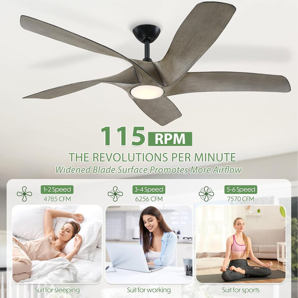 60 Inch Ceiling Fans with Lights and Remote,Flush Mount Low Profile, DC Reversible Motor,6 Speeds Noiseless Ceiling fans For Bedroom,Patio,Farmhouse,Indoor & Outdoor Use,ETL Certification