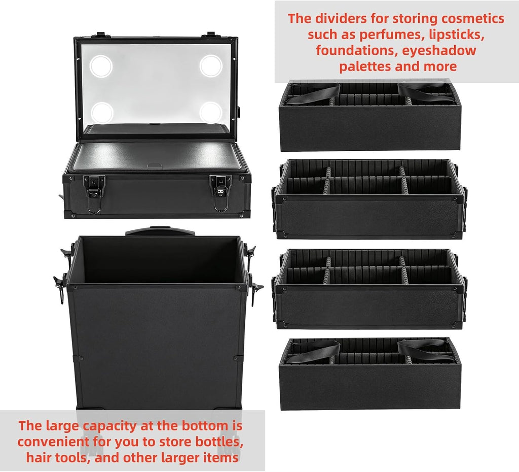 Rolling Makeup Case with Lighted Mirror, 5 in 1 Train Case on Wheels Large Beauty Salon Luggage Cosmetic Trolley for Cosmetology Nail Tech Hairstylist, Black