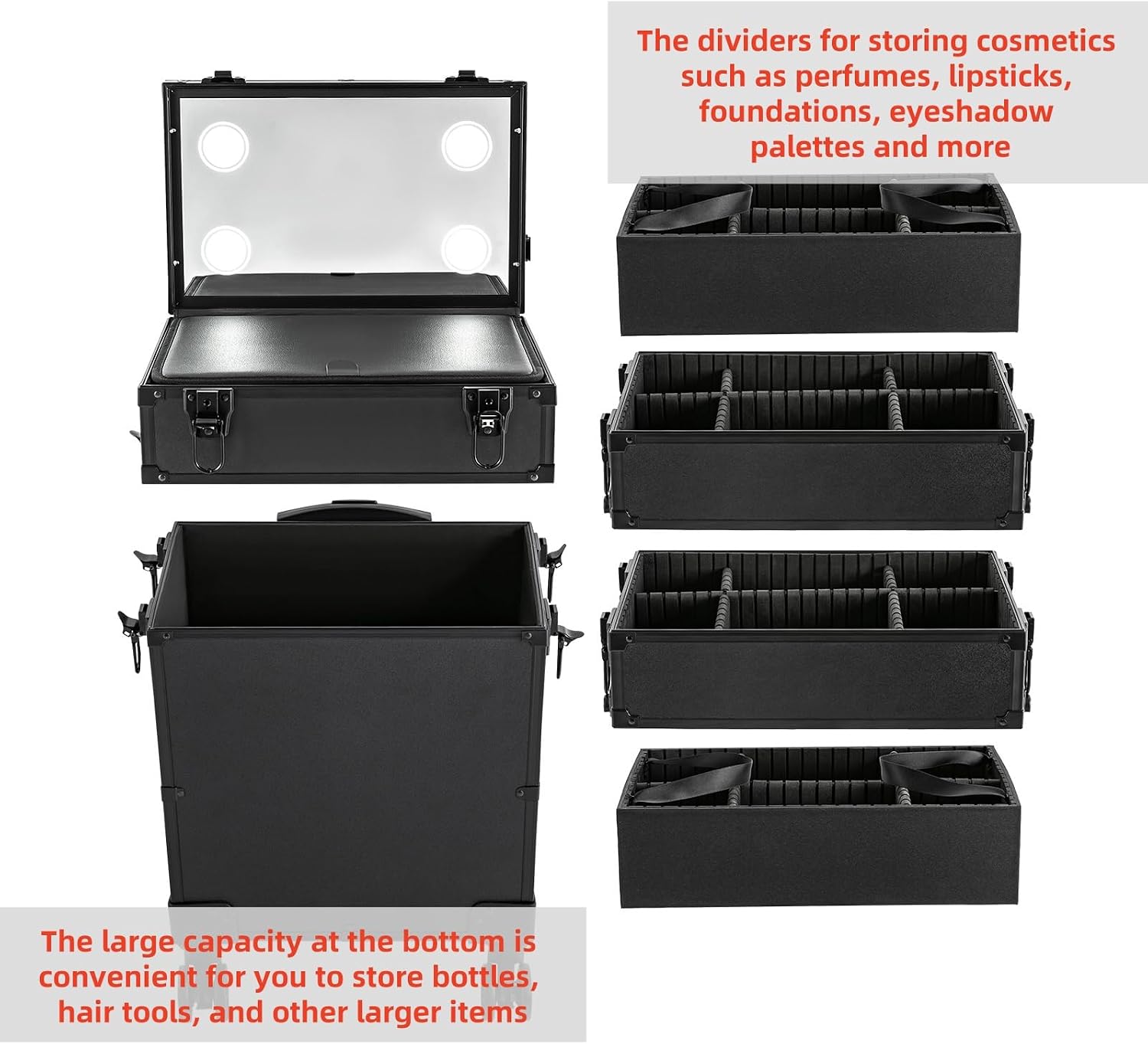 Rolling Makeup Case with Lighted Mirror, 5 in 1 Train Case on Wheels Large Beauty Salon Luggage Cosmetic Trolley for Cosmetology Nail Tech Hairstylist, Black