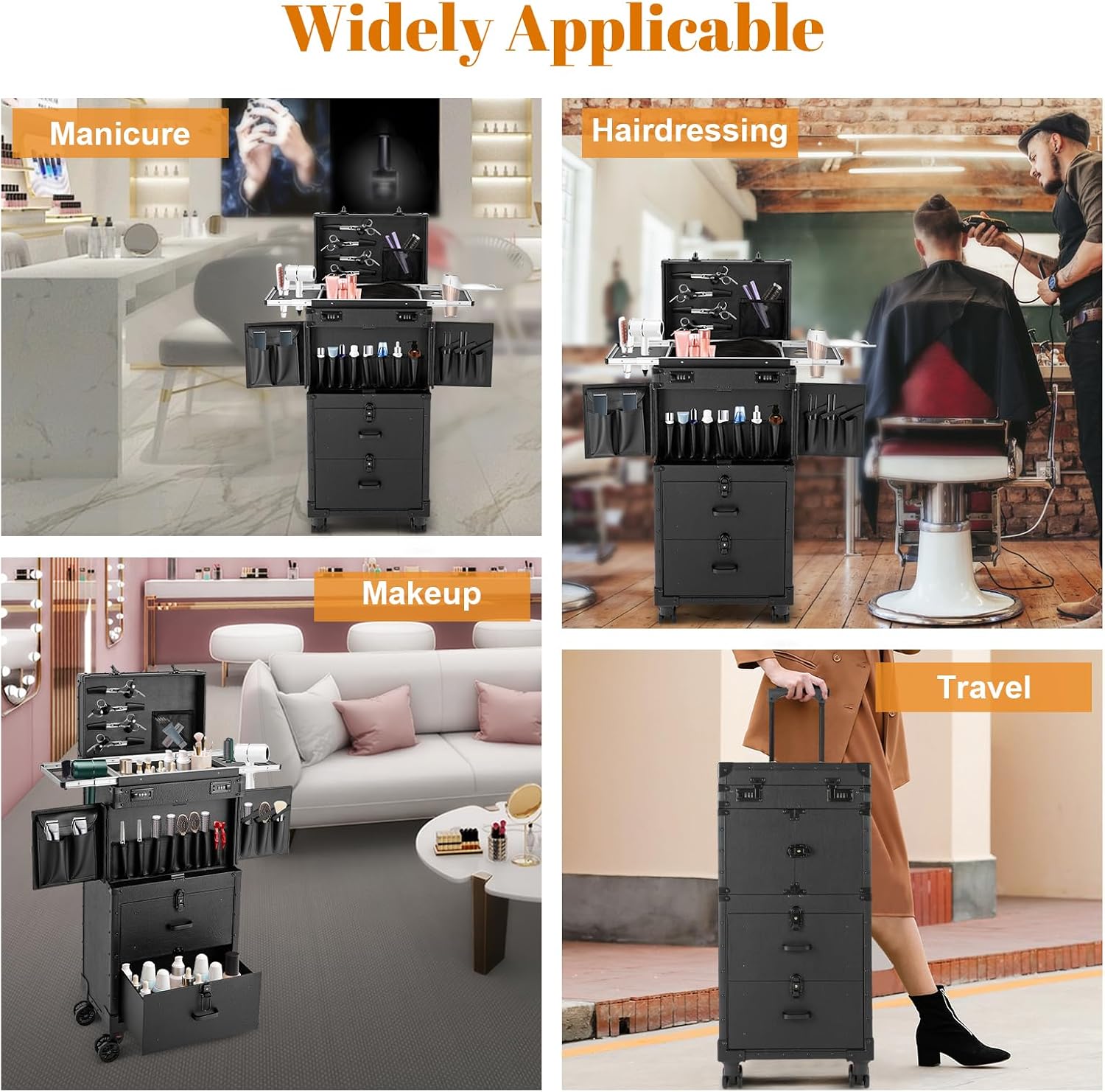 Makeup Rolling Case Professional Makeup Case with 360° Swivel Wheels Cosmetic Rollings Case Rolling Nail Cases for Make Up Nail Hairstylists (Black)