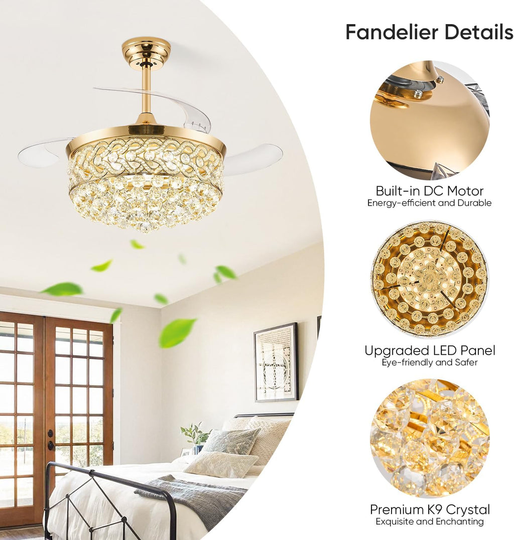 TXCSLY 48' Crystal Fandelier Ceiling Fan with Light, Retractable Ceiling Fans Chandelier Fan with Retractable Blades Dimmable Crystal Ceiling Fan Chandelier Fans for Bedroom Living Room-Gold