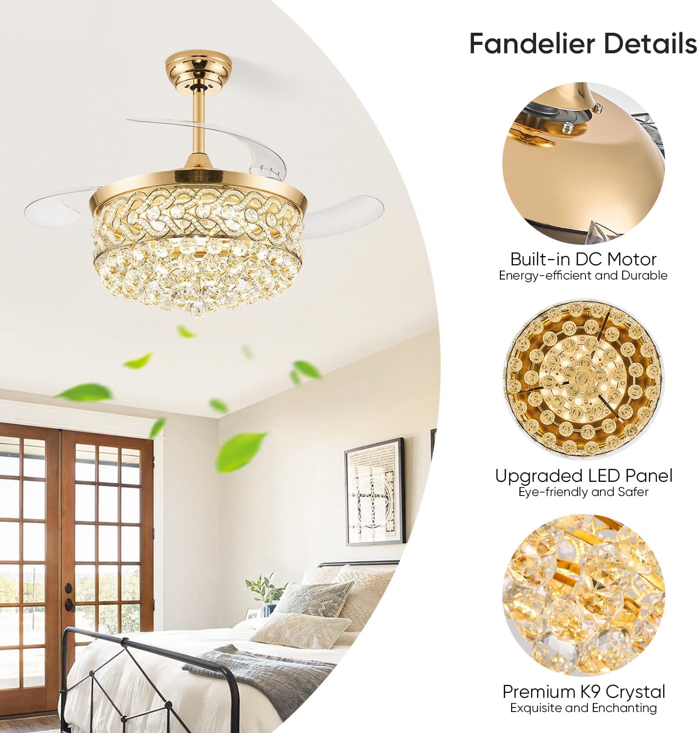 TXCSLY 48' Crystal Fandelier Ceiling Fan with Light, Retractable Ceiling Fans Chandelier Fan with Retractable Blades Dimmable Crystal Ceiling Fan Chandelier Fans for Bedroom Living Room-Gold