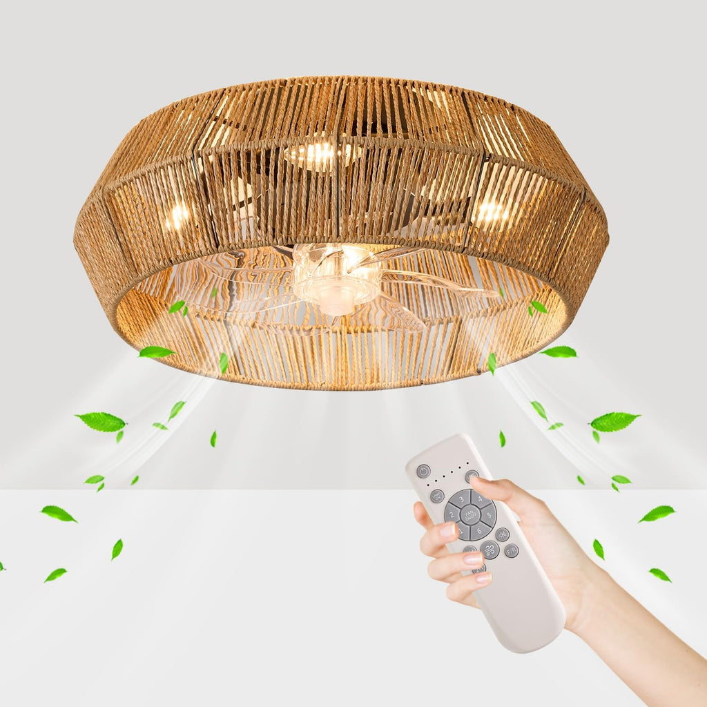 Caged Ceiling Fan with Lights, 18' Boho Ceiling Fans with Lights, Handmade Woven Cage Ceiling Fan, Enclosed Timing 6 Speeds Reversible, for Bedroom Living Room Farmhouse Indoor
