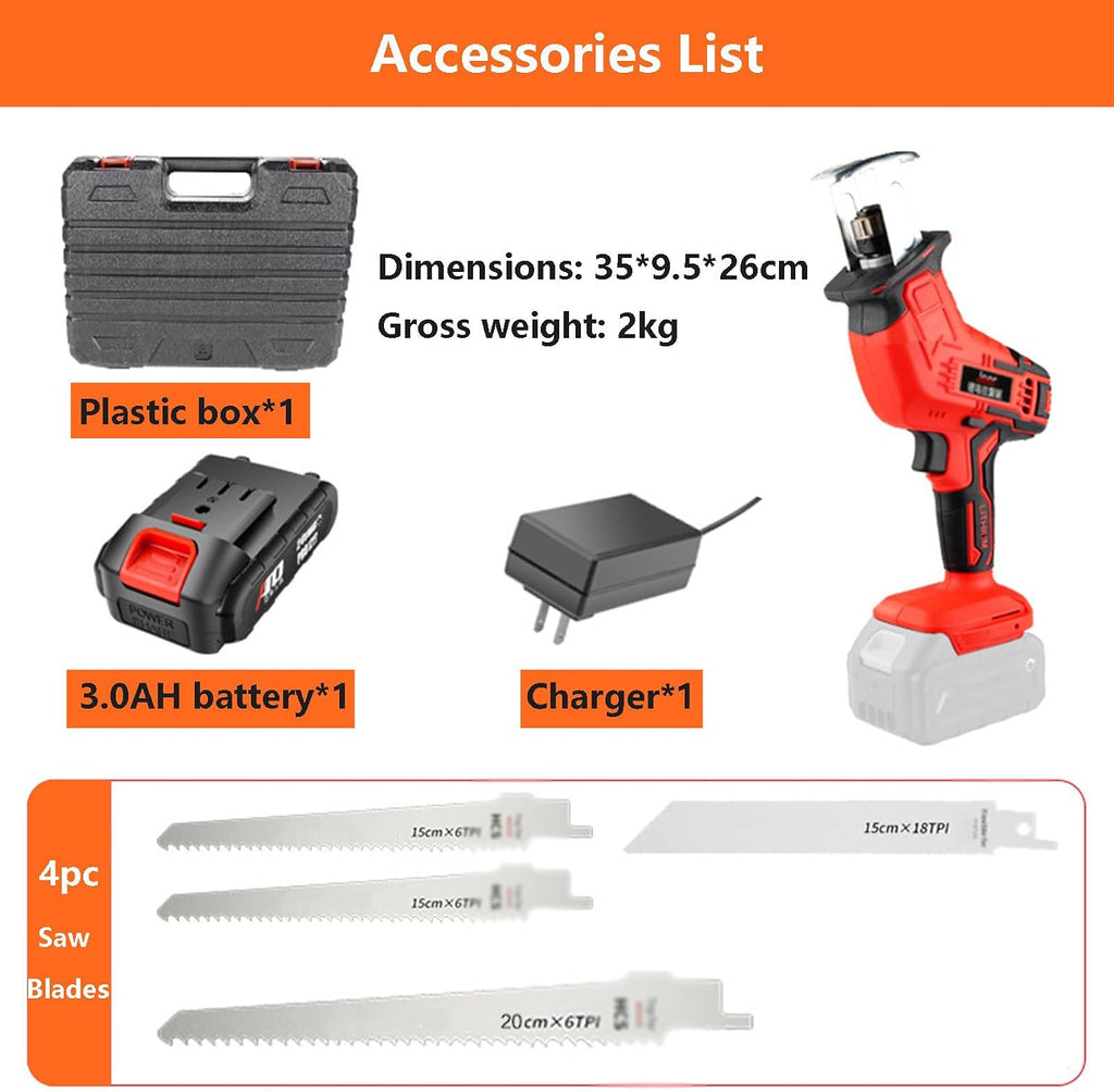 Power Reciprocating Saws Handheld Leg Saws With Battery,Electric Cordless Chainsaw With Led Lighting,Outdoor Pruning Saw For Sawing Wood - With 12 Gloves,3AH