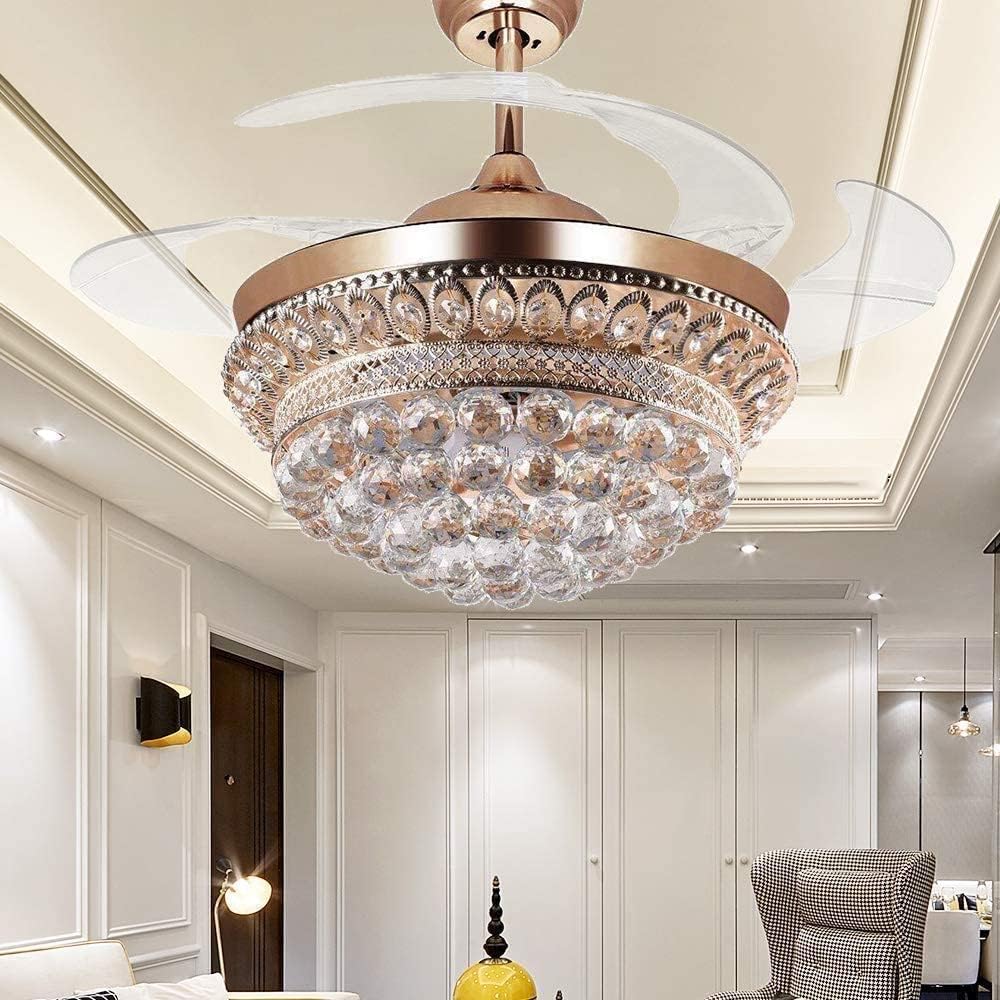 Bling Crystal Fan Chandelier, 42 Inch Rose Gold Chandelier Fans with Crystals, Retractable Fandelier Ceiling Fan with Light and Remote for Bedroom, Living Room, Dining Room