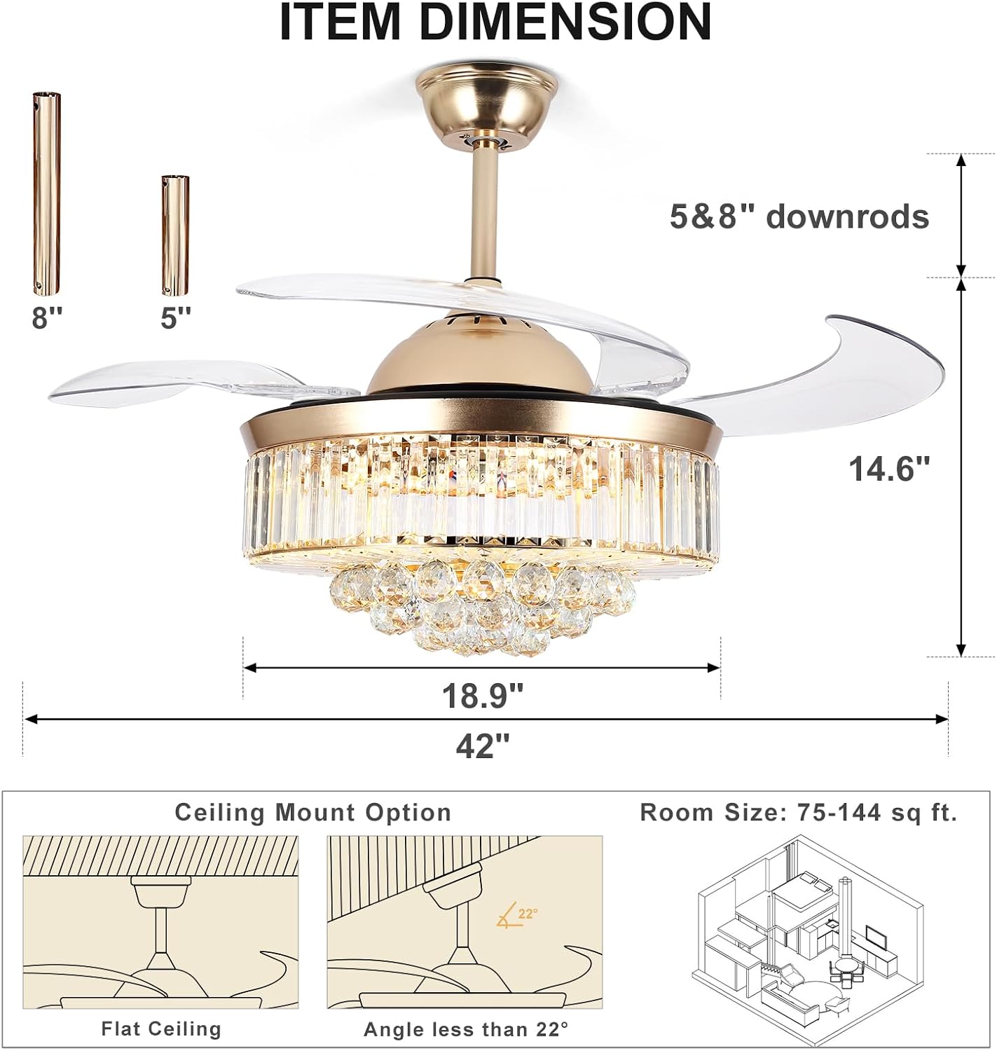Bavnnro 42'' Fandelier Ceiling Fans with Light, Gold Retractable Crystal Chandelier Fan, Reversible, Remote Control, Dimmable Ceiling Light Kits for Dining Living Room, Bedroom