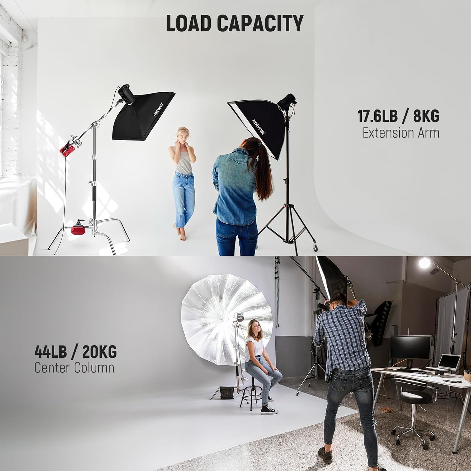 NEEWER Pro 100% Stainless Steel Heavy Duty C Stand with Boom Arm, Max Height 68'/172cm Photography Light Stand with 2.7ft/83cm Holding Arm, 2 Grip Head for Studio Monolight, Softbox, Reflector, SC172