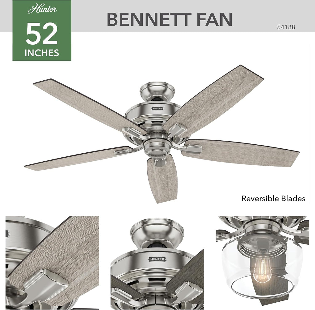 Hunter 52 inch Indoor Ceiling Fan with LED Light and Remote Control - Standard Mount Ceiling Fan, 5 Blades, for Bedroom, Living Room, or Kitchen, Quiet - Bennett 54188, Brushed Nickel