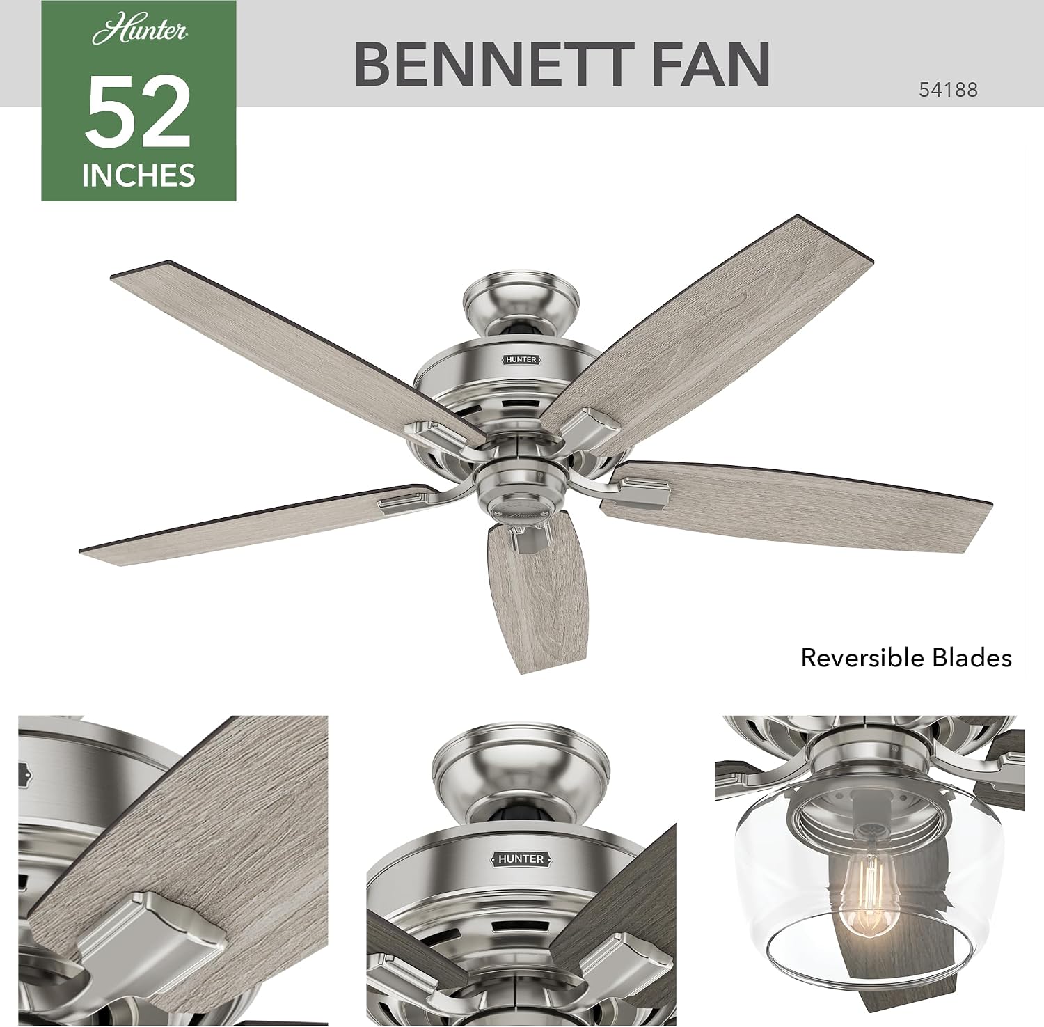 Hunter 52 inch Indoor Ceiling Fan with LED Light and Remote Control - Standard Mount Ceiling Fan, 5 Blades, for Bedroom, Living Room, or Kitchen, Quiet - Bennett 54188, Brushed Nickel