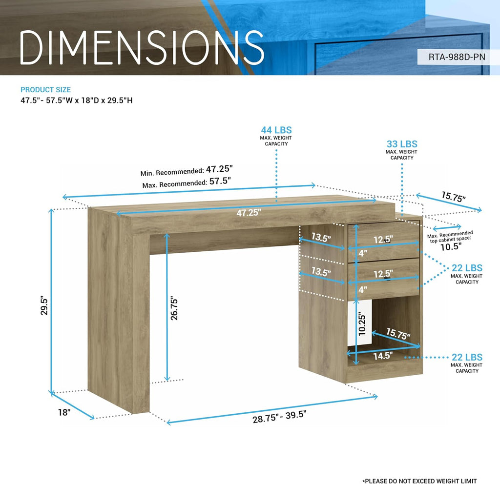 Expandable Desk with Storage Drawers & Open Shelf - Expands from 47 Inch to 57 Inch - Pine Computer Desk with Printer Space - Modern Home Office Table with Drawers - Techni Mobili Blanco Collection