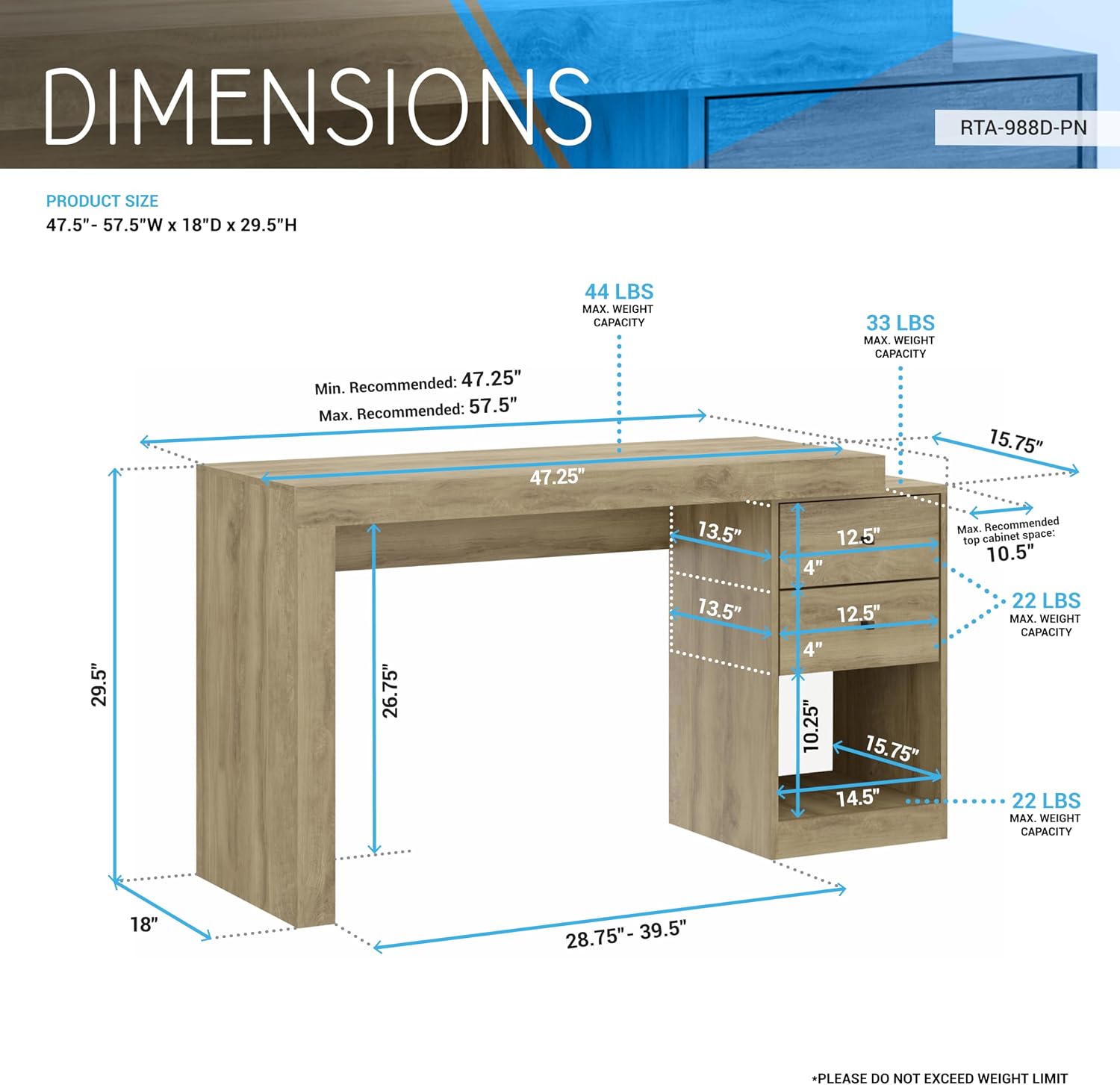 Expandable Desk with Storage Drawers & Open Shelf - Expands from 47 Inch to 57 Inch - Pine Computer Desk with Printer Space - Modern Home Office Table with Drawers - Techni Mobili Blanco Collection