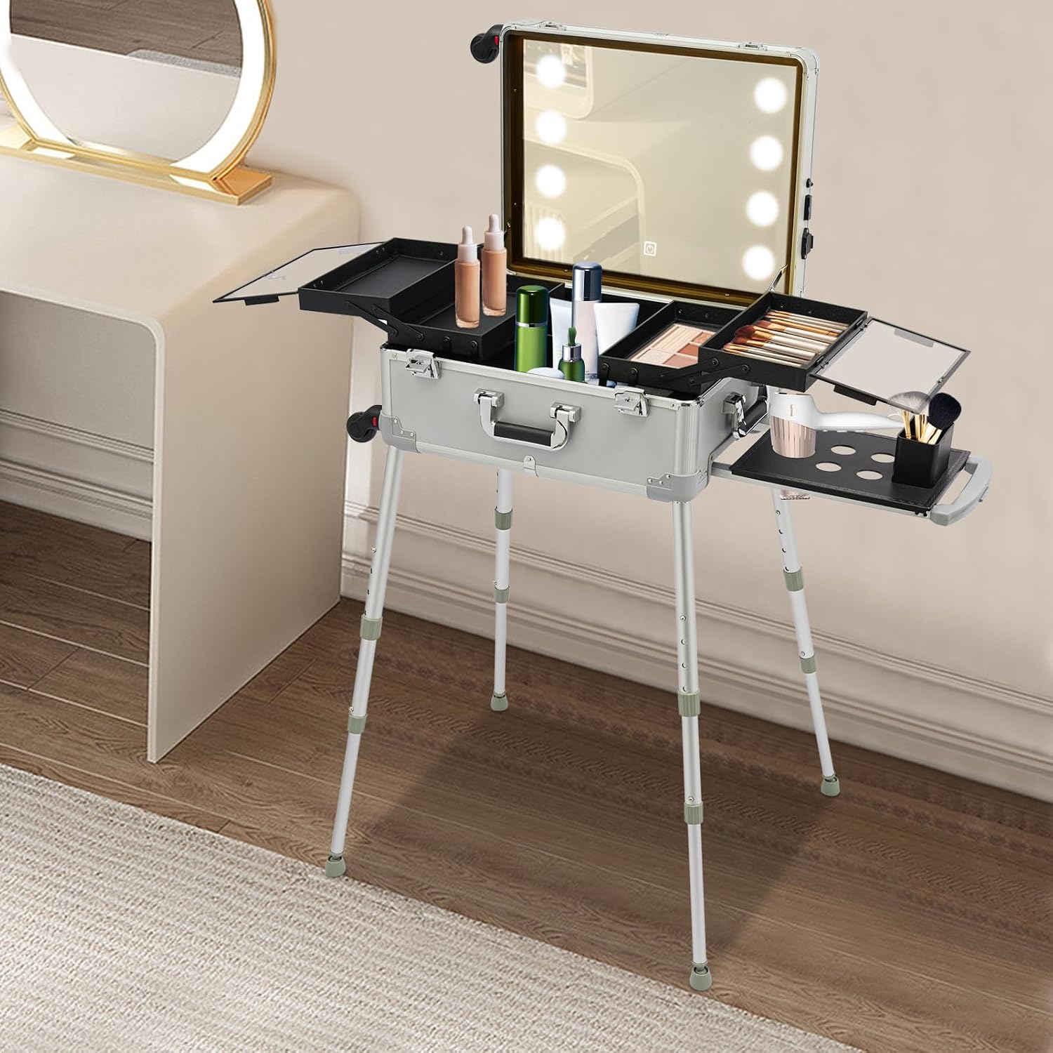 21'' Aluminum Lockable Makeup Travel Case, Rolling Makeup Train Case with LED Lights Mirror & Socket and Charging Ports, Makeup Vanity Station for Makeup Artists, Hairdressers, Beauticians (Silver)