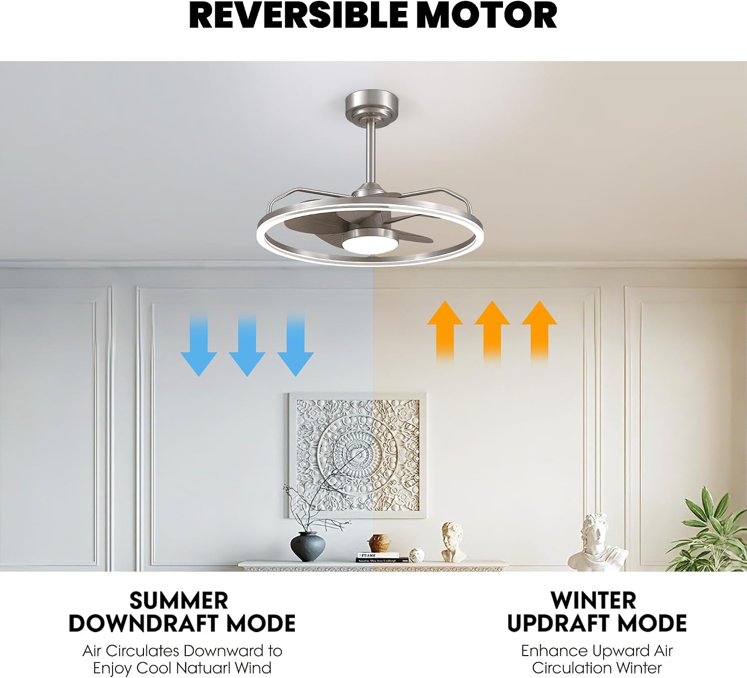 24 Inch Low Profile Ceiling Fans with Lights and Remote, 6-Speed Reversible Motor Flush Mount Modern Fandelier Ceiling Fan, App and Remote Control Dimmable LED Fan Light for Bedroom, Living Room