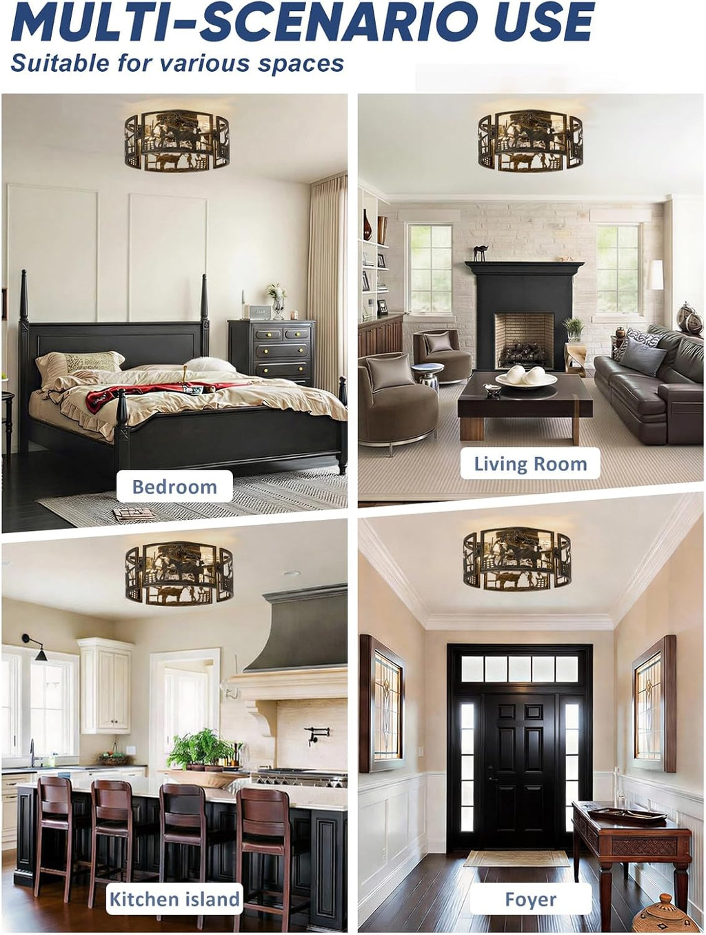 18'Rustic Caged Ceiling Fans with Light and Remote Control, Black Gold Farmhouse Ceiling Fan with Western Cowboy and Horse Design, Flush Mount Low Profile Fandelier for Bedroom, Living Room,Foyer