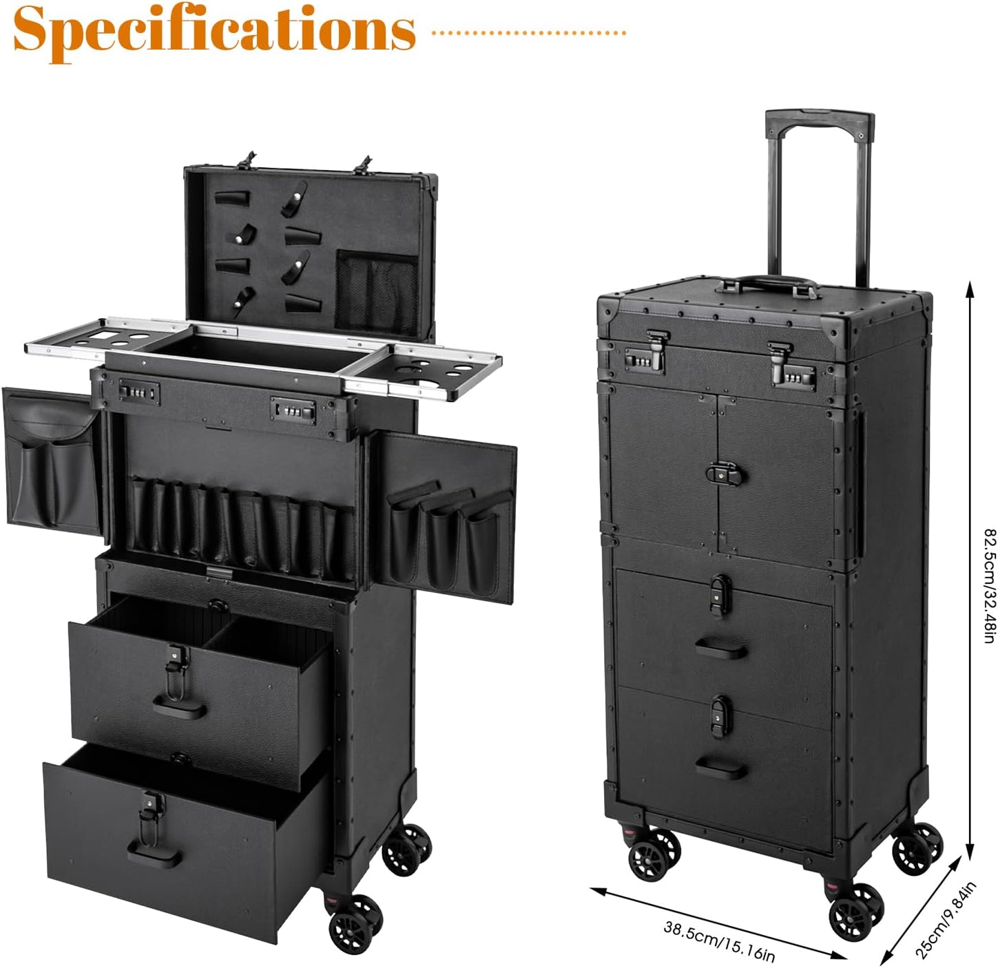 Makeup Rolling Case Professional Makeup Case with 360° Swivel Wheels Cosmetic Rollings Case Rolling Nail Cases for Make Up Nail Hairstylists (Black)