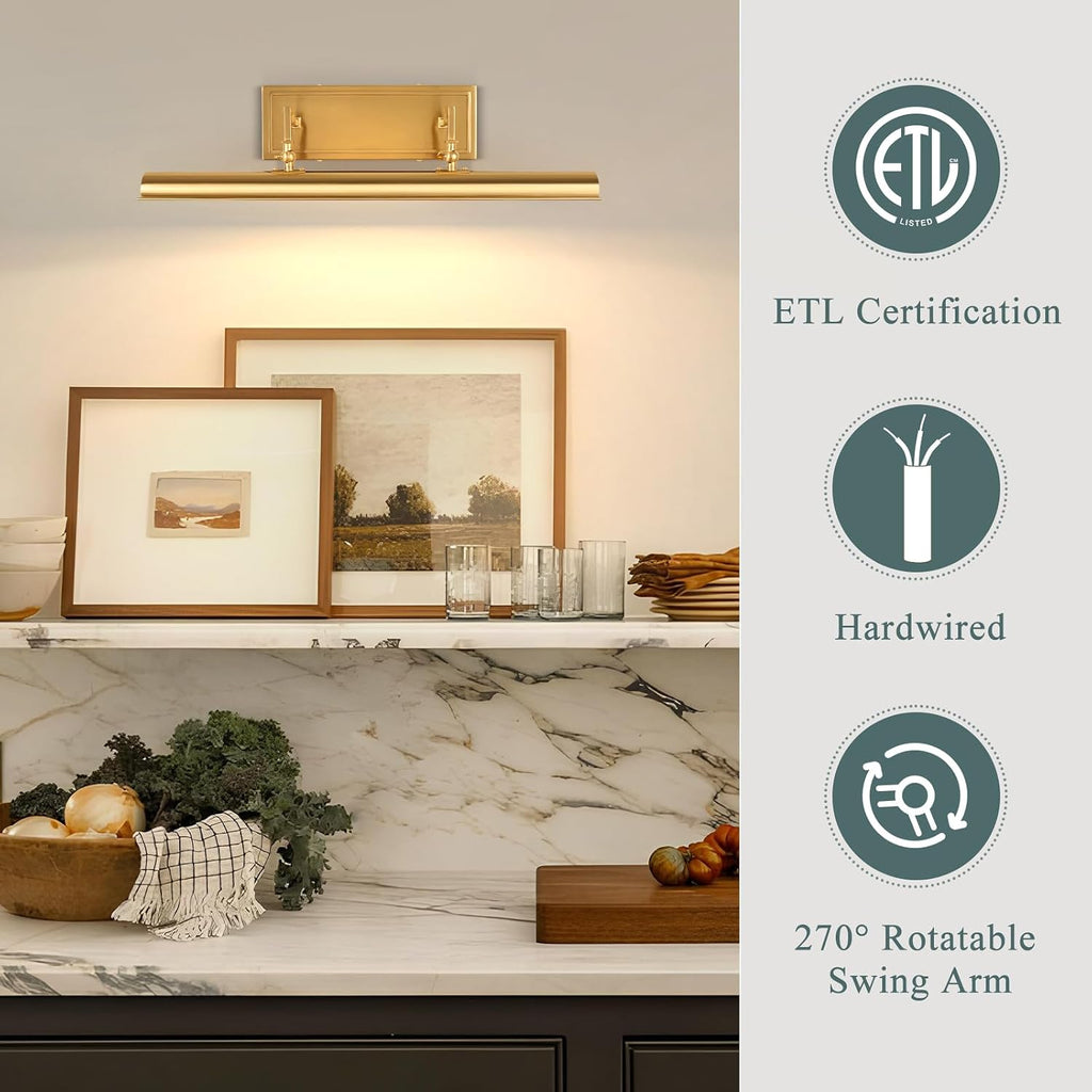 BELS 24 Inch Picture Light for Wall, Gold Hardwired Wall Art Light with 270° Rotatable, 3-Light E12 Base, Picture Frame Lights for Painting Gallery Living Room Bedroom (Exclude Bulb)