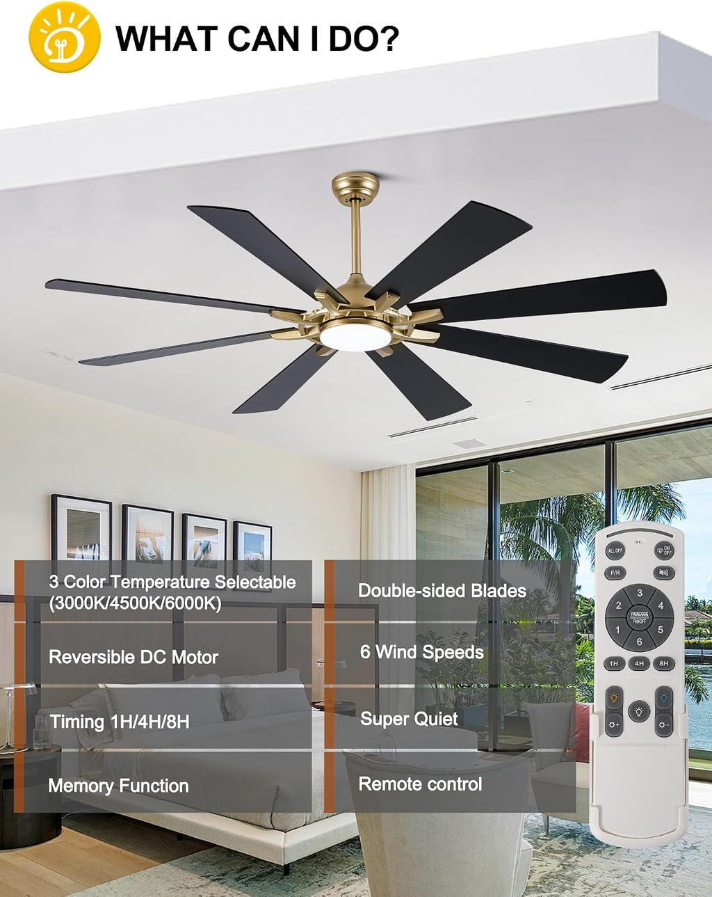 Dawn Whisper Gold Ceiling Fans with Lights 72 Inch Large Modern LED Chandelier Ceiling Fans with Remote for Living Room Bedroom 3 CCT 6 Speed Reversible DC Motor
