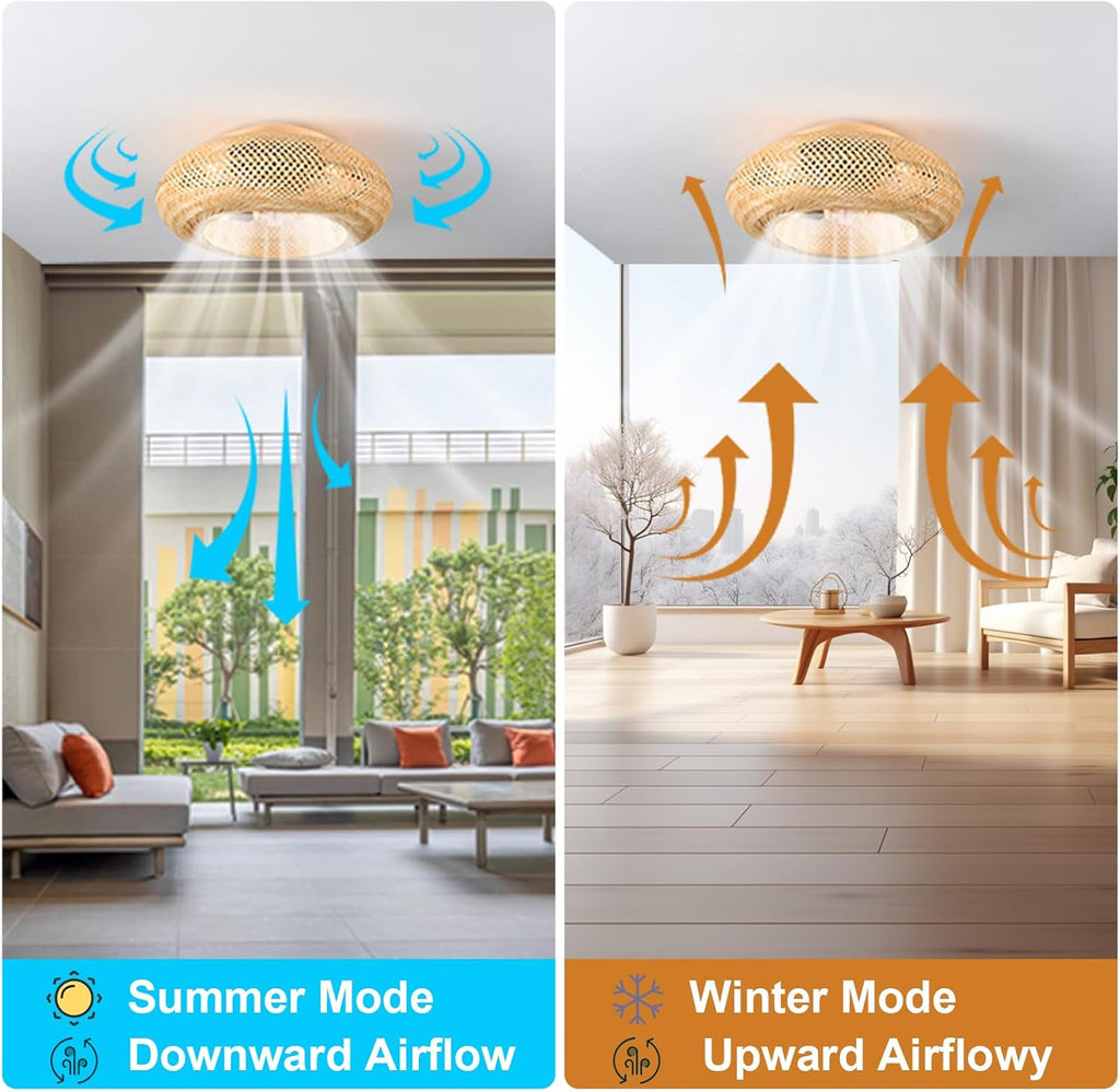 20' Boho Cage Ceiling Fan with Light and Remote Control, Low Profile Bamboo Ceiling Fan, Enclosed Timing 6 Speeds Reversible, for Bedrooms, Living Rooms, Kitchens, Farmhouses