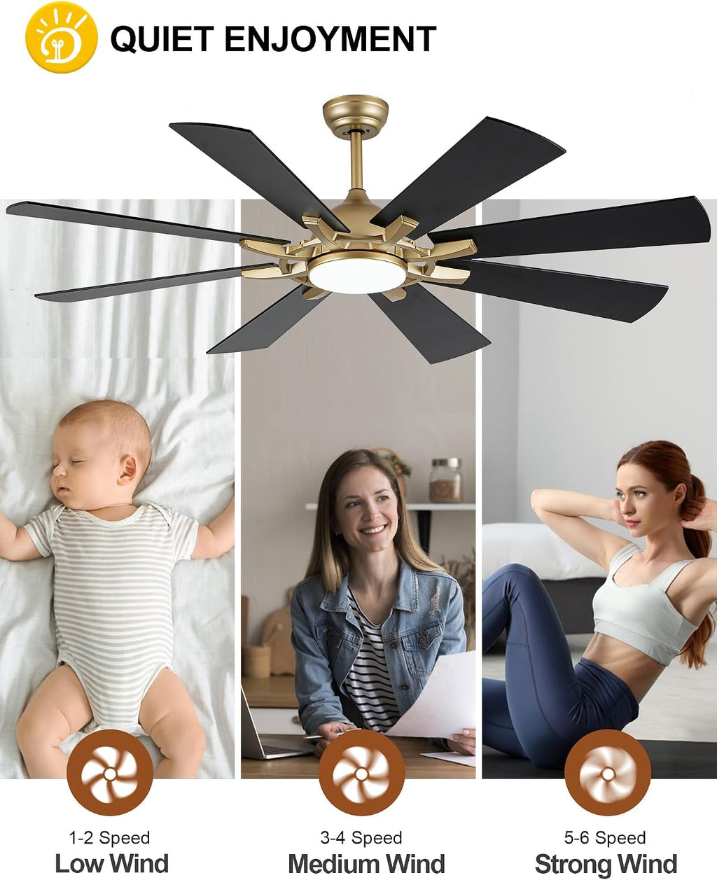 Dawn Whisper 60 Inch Black and Gold Ceiling Fans with Lights and Remote 6 Speed Reversible DC Motor Modern LED Ceiling Fans for Bedroom Living Room
